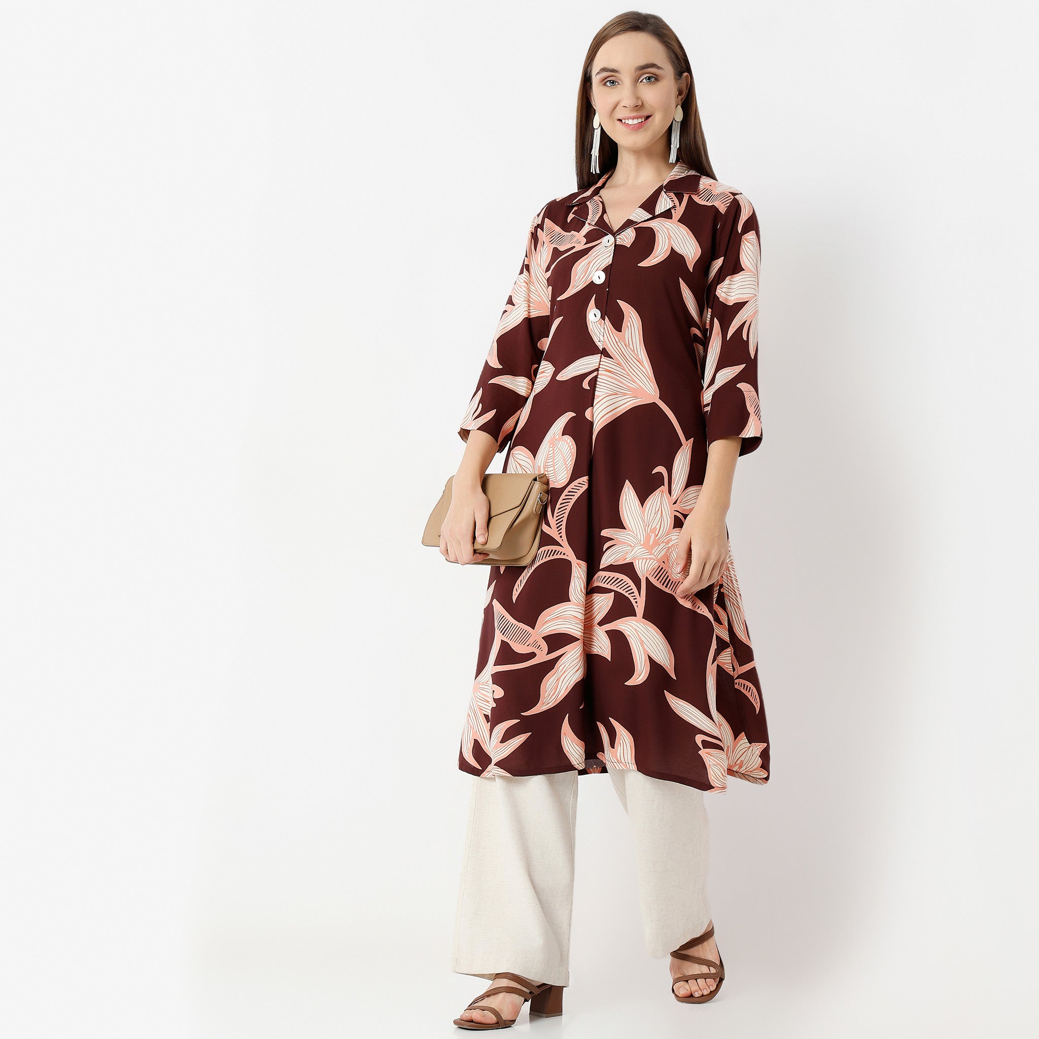 Stylish Printed Kurta with Lapel Collar, Below Knee Length & 3/4 Sleeves - Straight Fit Half Placket Design for Women | Perfect for Festivals, Weddings & Casual Wear