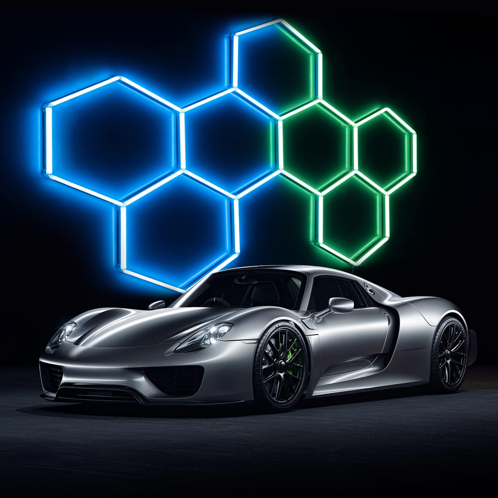 ALLYES Hexagon LED Garage Light RGB - 7 Pack Color Changing Hexagon Commercial Lights with DIY Wall Honeycomb Design for Car Workshop, Basement & Gym Lighting | Perfect for Automotive Shops, Home Gyms & Industrial Spaces