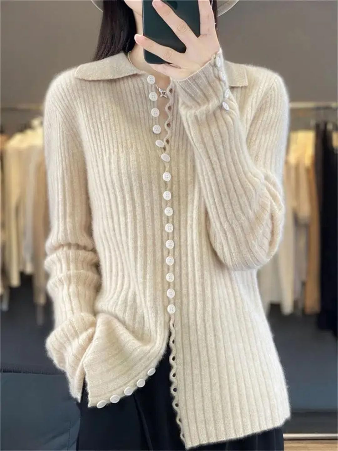 Women's Cashmere Knit Cardigan - Soft Wool Sweater with Turn-Down Collar for Winter & Spring | Cozy Layering Piece for Office, Dating & Casual Outfits