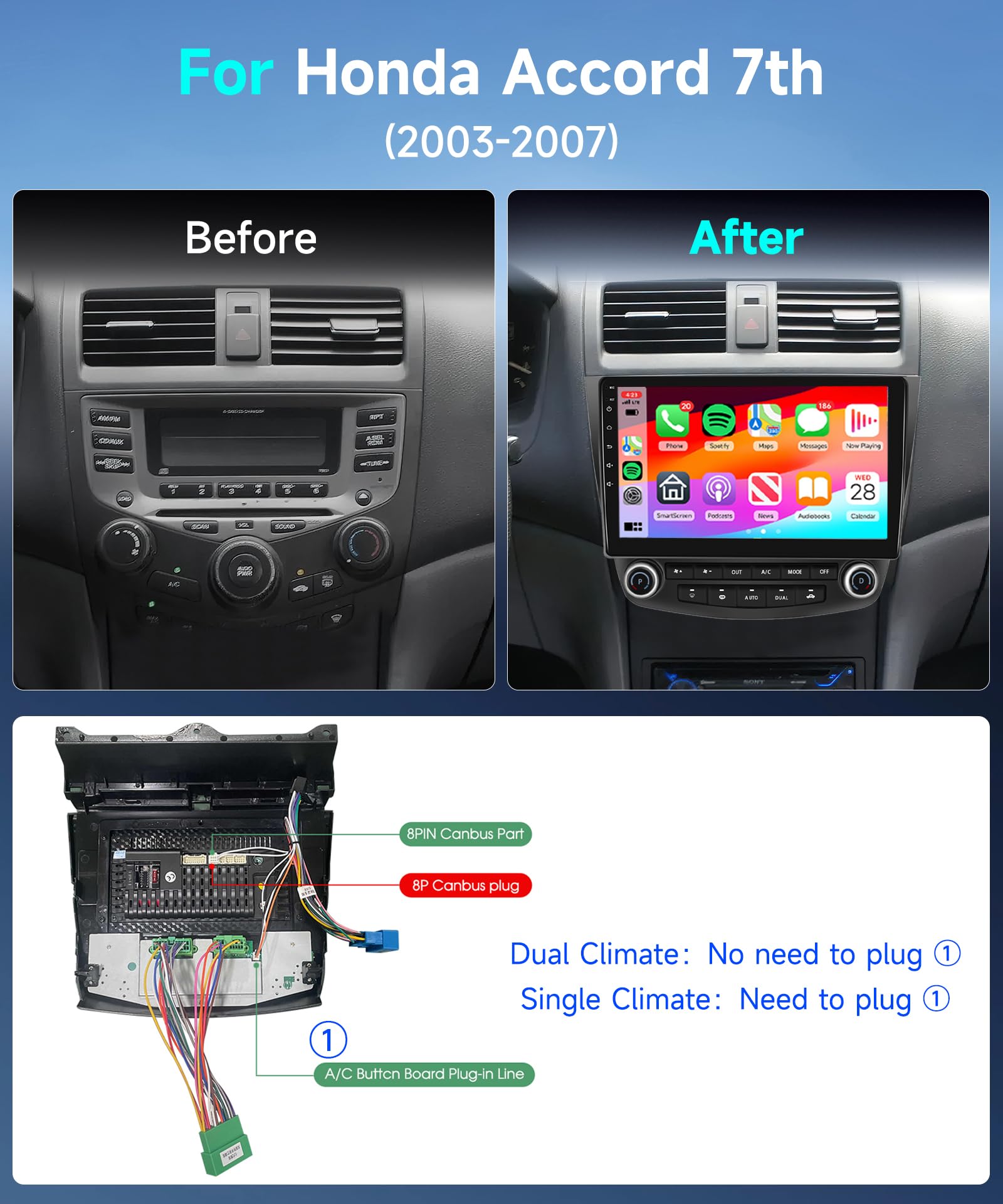 Podofo 10.1 Inch HD IPS Touch Screen Car Stereo for 2003-2007 Honda Accord 7th Gen - Wireless Apple CarPlay & Android Auto, GPS Navigation, Bluetooth, WiFi, HiFi/16 EQ, MirrorLink, FM Radio with Backup Camera | Perfect for Road Trips & Daily Commuting