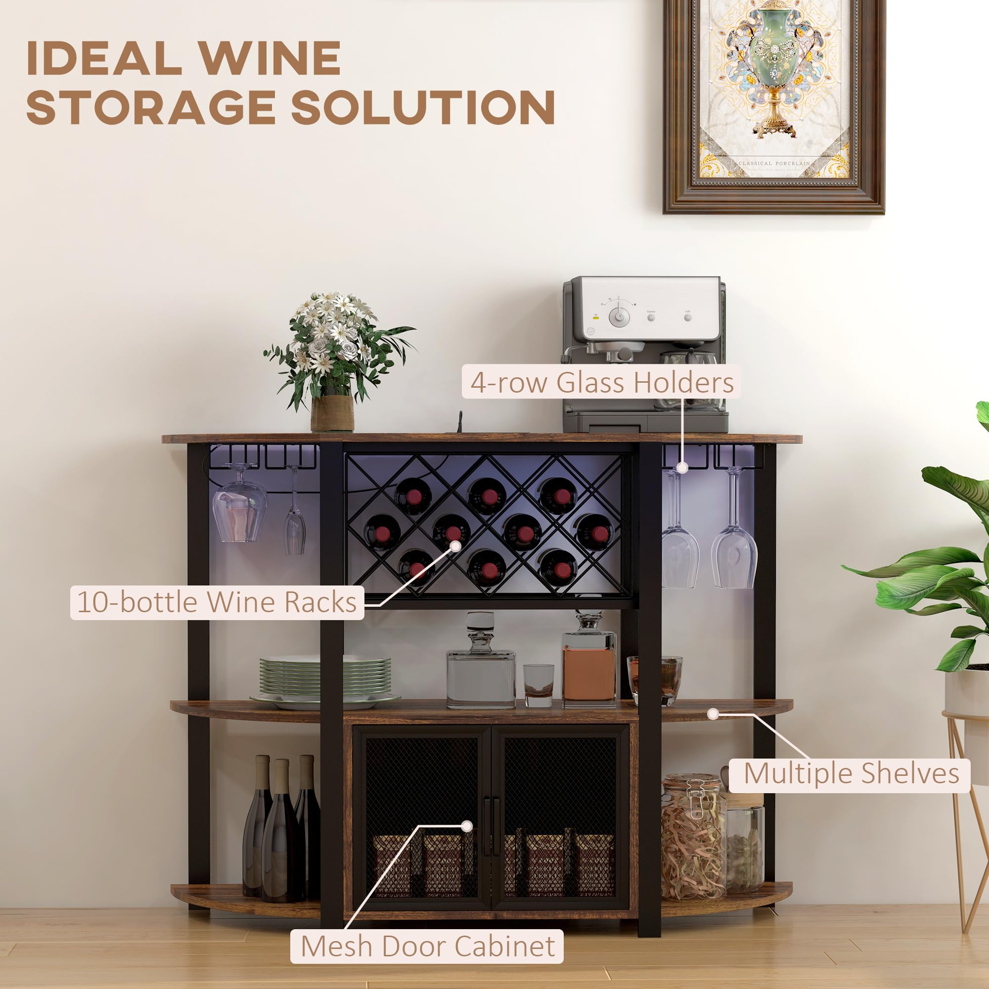 HOMCOM Industrial Wine Bar Cabinet with USB Charging Station, LED Lights & 10-Bottle Rack - Rustic Brown Liquor Storage with Glass Holders, Mesh Doors & Open Shelves - Perfect for Home Bars, Man Caves & Entertaining Guests