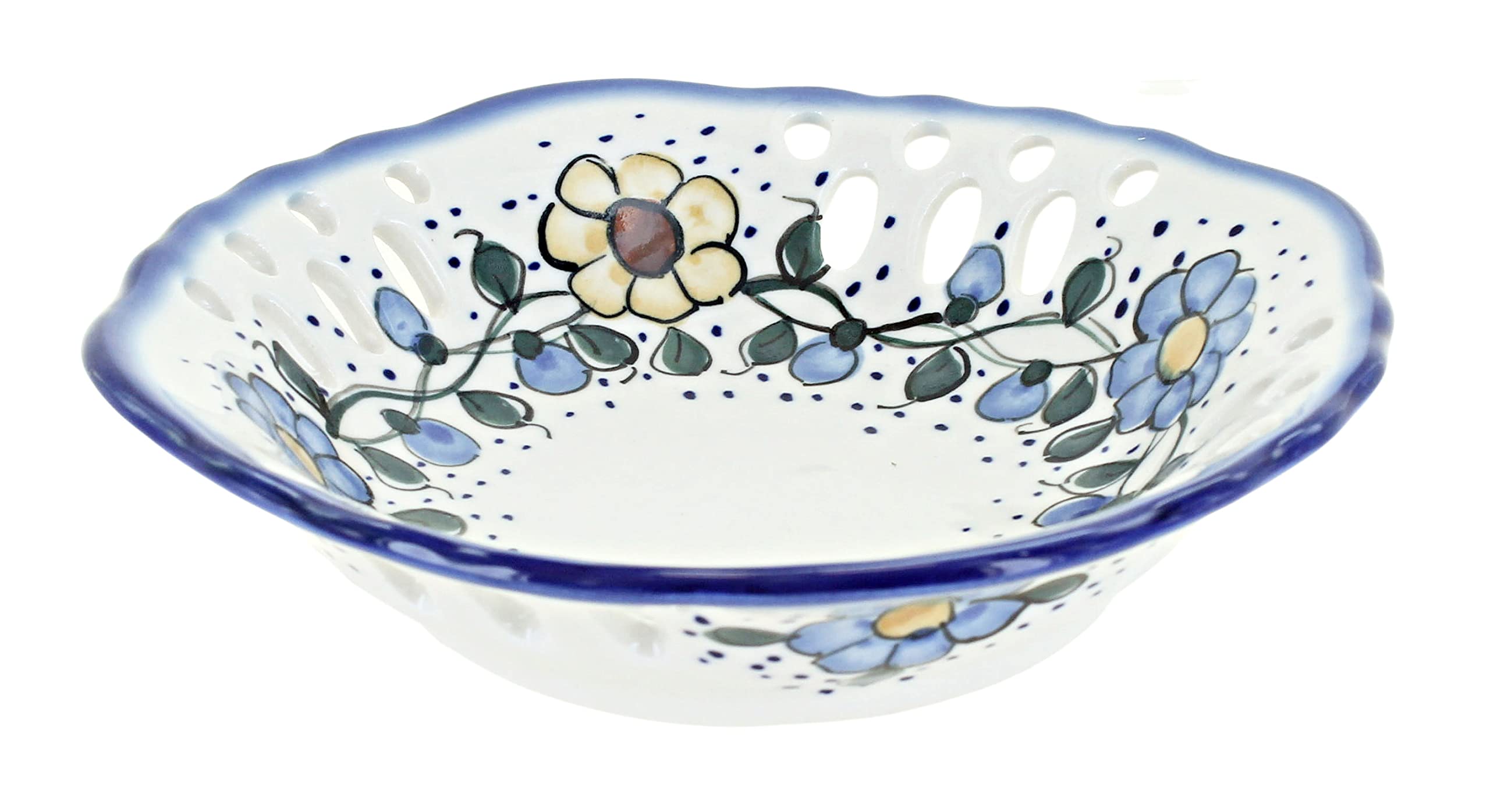 Handmade Blue Rose Polish Pottery Geranium Small Fruit Dish - Vintage Ceramic Serving Bowl for Desserts, Snacks & Home Decor