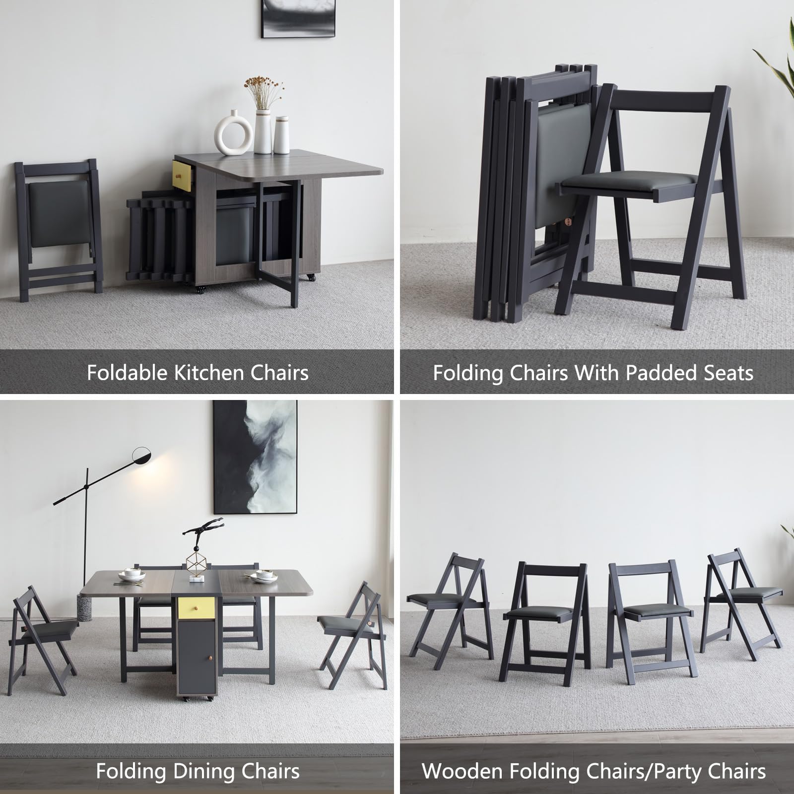 FUNROLUX 2 Pack Wooden Folding Chairs with Padded Seats - Sturdy 198LB Capacity, Space-Saving Grey Dining Chairs for Kitchen, Dining Room, Party & Events - Indoor Use Only