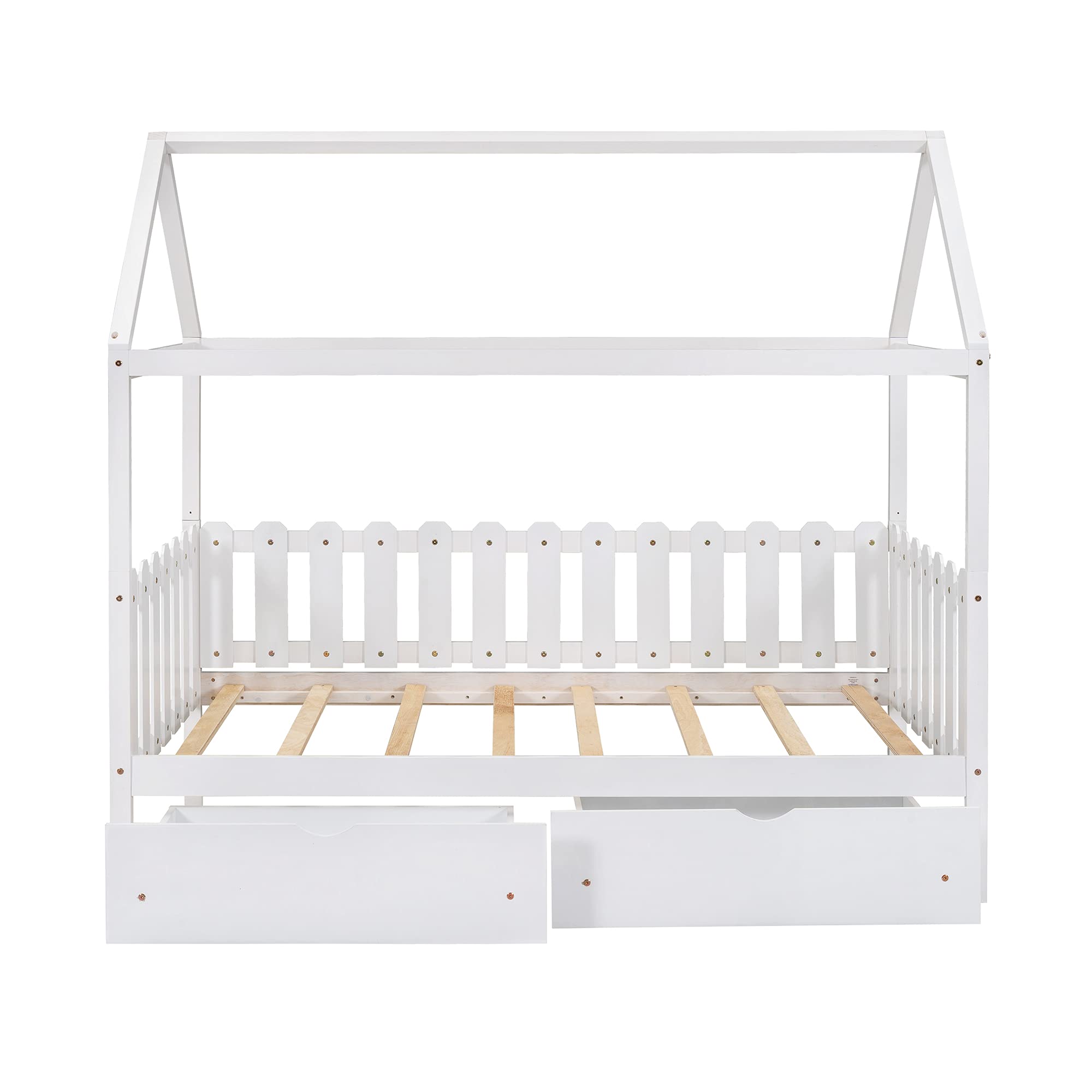 Modern Wooden Twin Size Platform Bed with 6 Drawers - Low Profile Daybed with Fence-Shaped Guardrail, No Box Spring Needed - Perfect for Small Bedrooms, Guest Rooms & Studio Apartments (White)