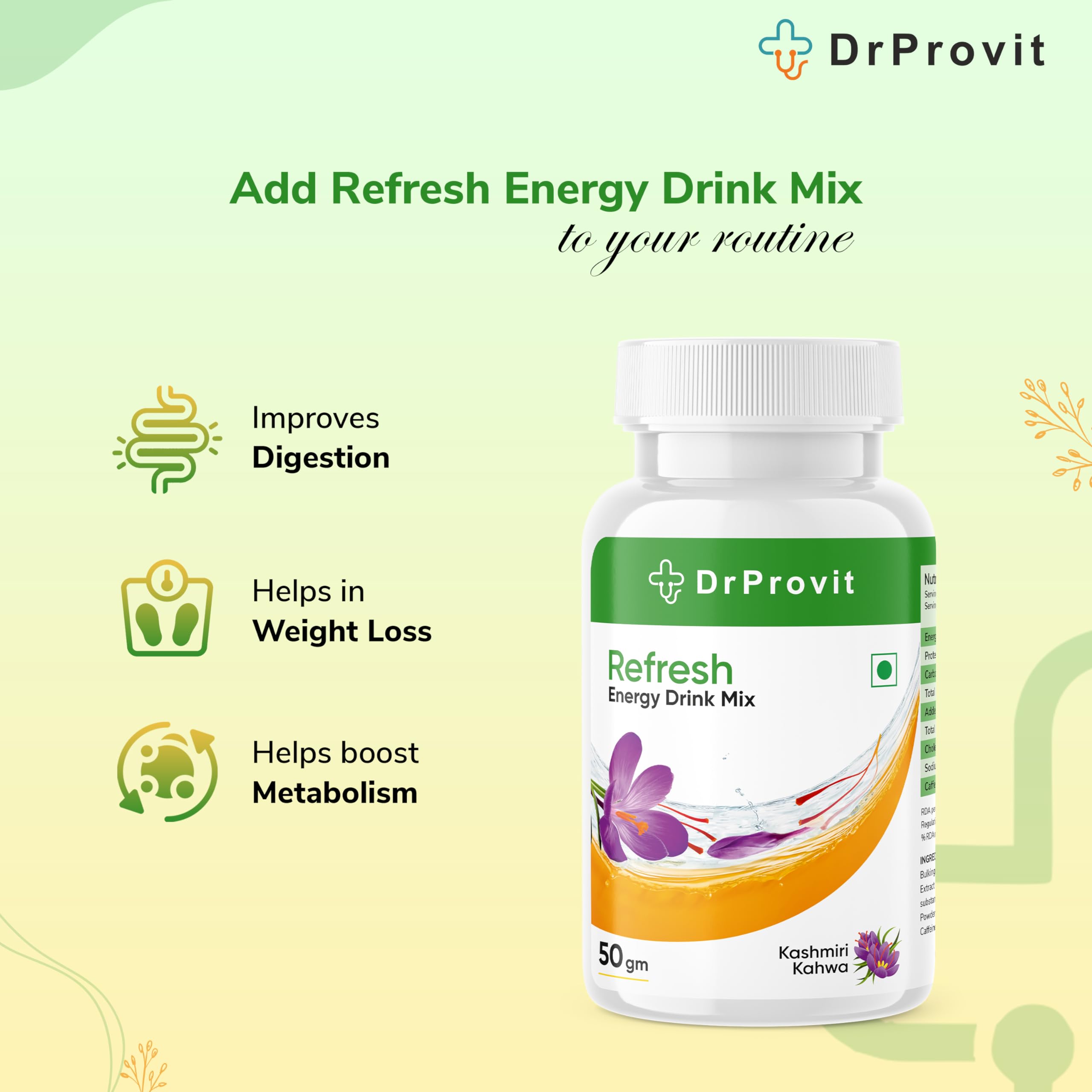Dr.Provit Refresh Energy Drink Mix - 50 Servings, Kashmiri Kahwa Flavor (50g) | Boost Energy & Focus | Perfect for Workouts, Study & Travel