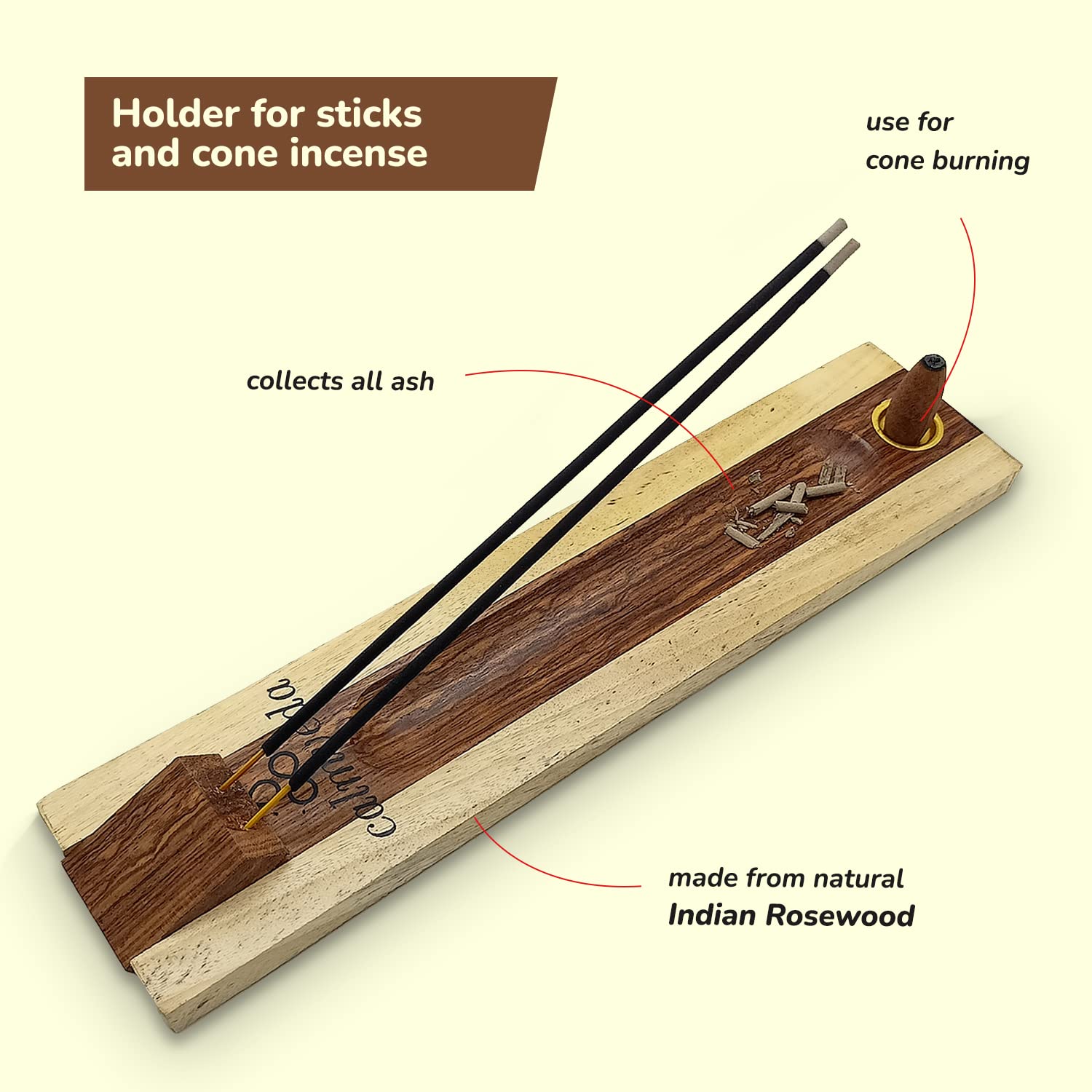 Handmade Rosewood Incense Holder for Sticks and Cones - 11 Inch Dual Incense Burner with Natural Wood Finish | Perfect for Meditation, Yoga, Aromatherapy and Home Decor