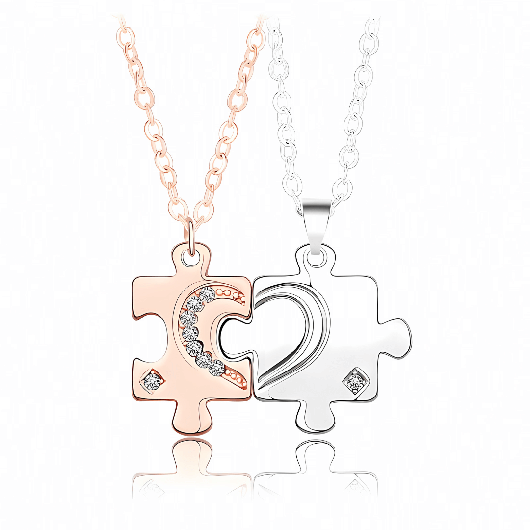Encrusted Matching Puzzle Couple Necklace Set - Romantic Gift for Couples, Best Friends & Anniversaries | Perfect for Valentine's Day, Weddings & Special Occasions | HN250