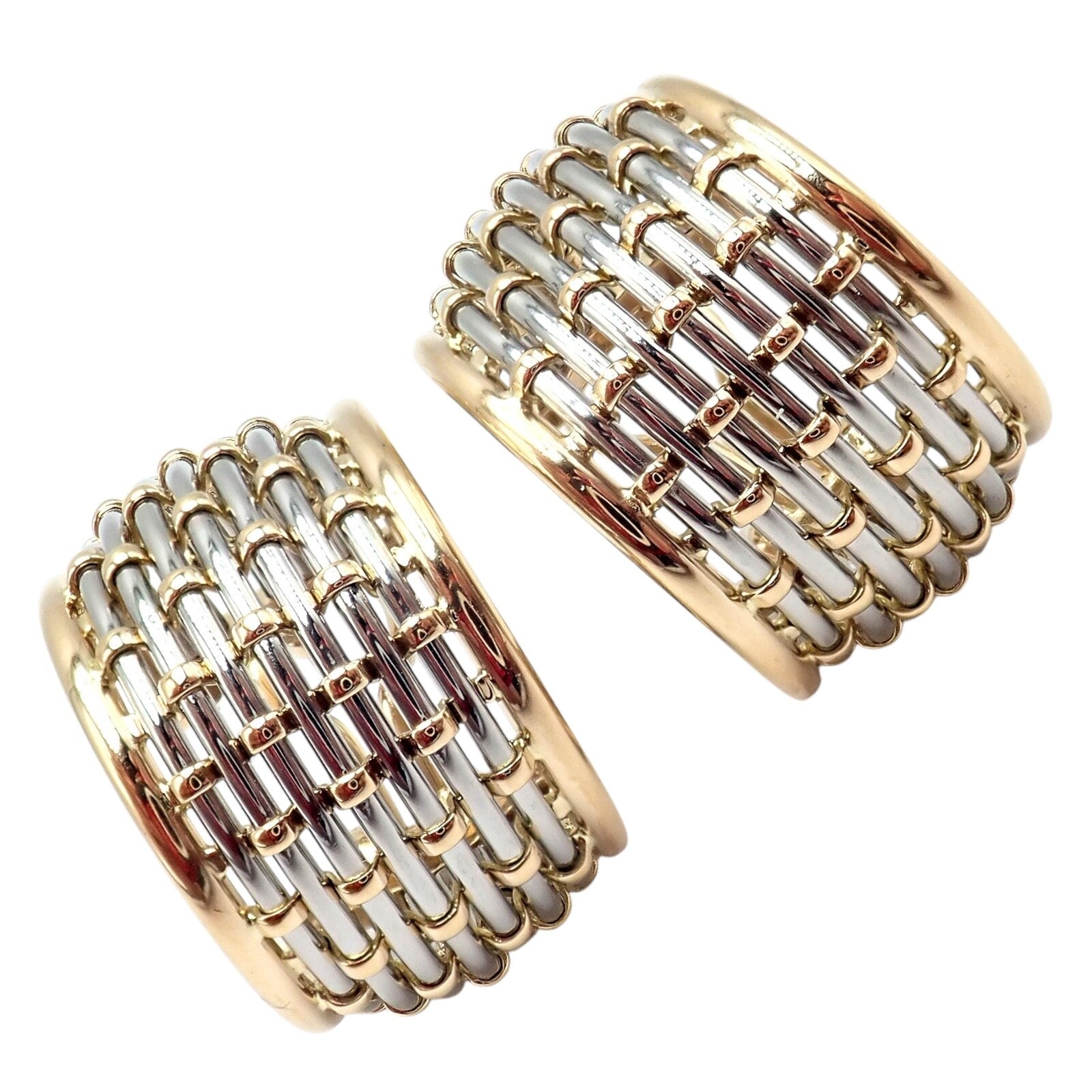 Authentic Cartier 18K Yellow Gold & Stainless Steel Basket Weave Ring and Earrings Set - Luxury Jewelry for Weddings, Anniversaries & Special Occasions