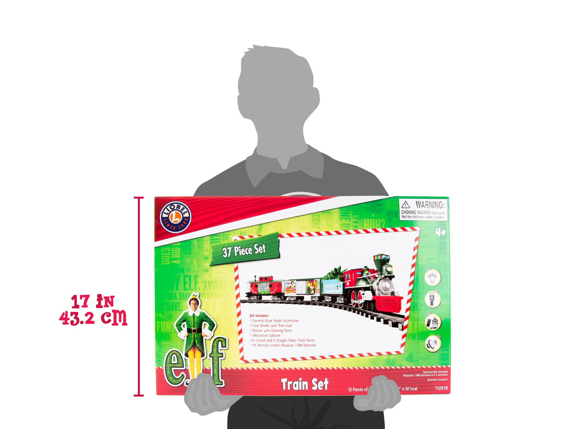 Lionel Battery-Powered Elf Toy Train Set with Locomotive, 4 Train Cars, 8-Piece Track & Remote Control - Realistic Train Sounds & LED Lights for Kids Ages 4+ | Perfect for Christmas Decorations, Birthday Gifts & Holiday Playtime