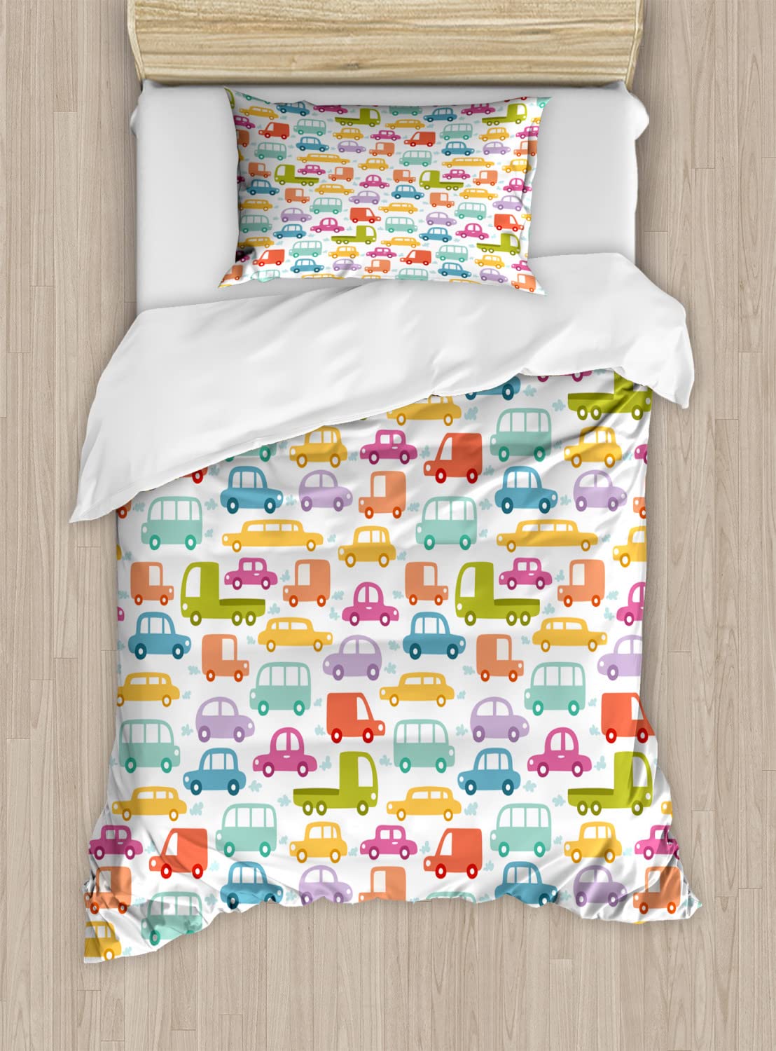 Ambesonne Cars Duvet Cover Set - Colorful Summer Road Trip Theme with Trucks & Buses, Twin Size 2-Piece Bedding Set (2 Duvet Covers + 2 Pillowcases) | Perfect for Kids' Bedrooms, Dorm Rooms & Themed Decor