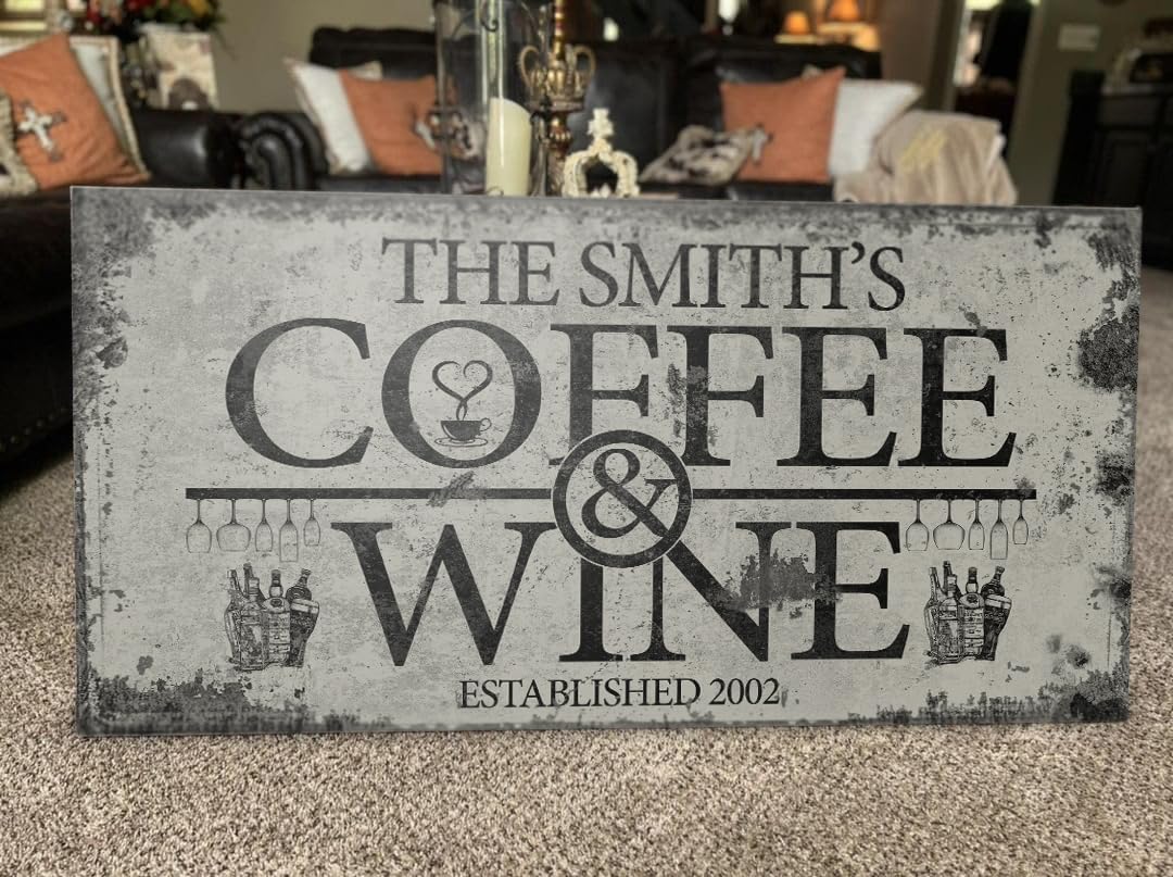 Custom Coffee Bar Sign - Personalized Grey Rustic Coffee & Wine Wall Art (48x16in) | Small & Large Canvas Decor for Home, Kitchen, Coffee Station, Office & Business | Perfect for Farmhouse, Cafe & Bar Decor