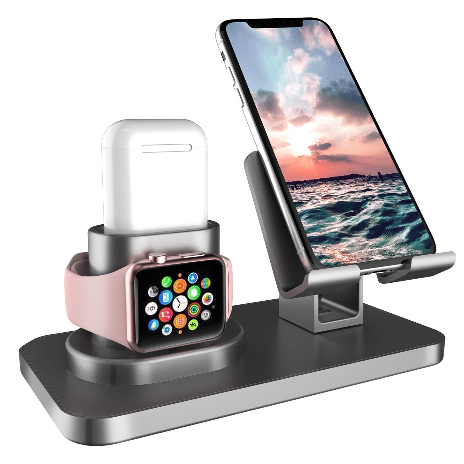 3 in 1 Multi-Angle Adjustable Phone Stand Holder for iPhone 16 Series/Samsung Galaxy S24 Series/Apple Watch 4-7/AirPods - Universal Charging Dock for Desk, Nightstand & Office Use (Gray)
