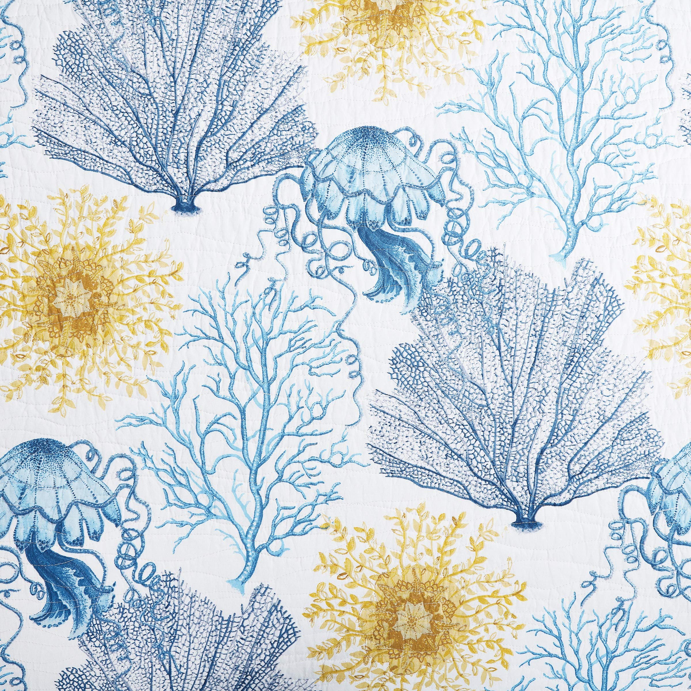C&F Home Monterey Mist 3-Piece Quilt Set - Full/Queen Size with White, Blue & Gold Coral Pattern, Includes Quilt & Shams | Coastal Bedroom Decor, Guest Room Luxury Bedding