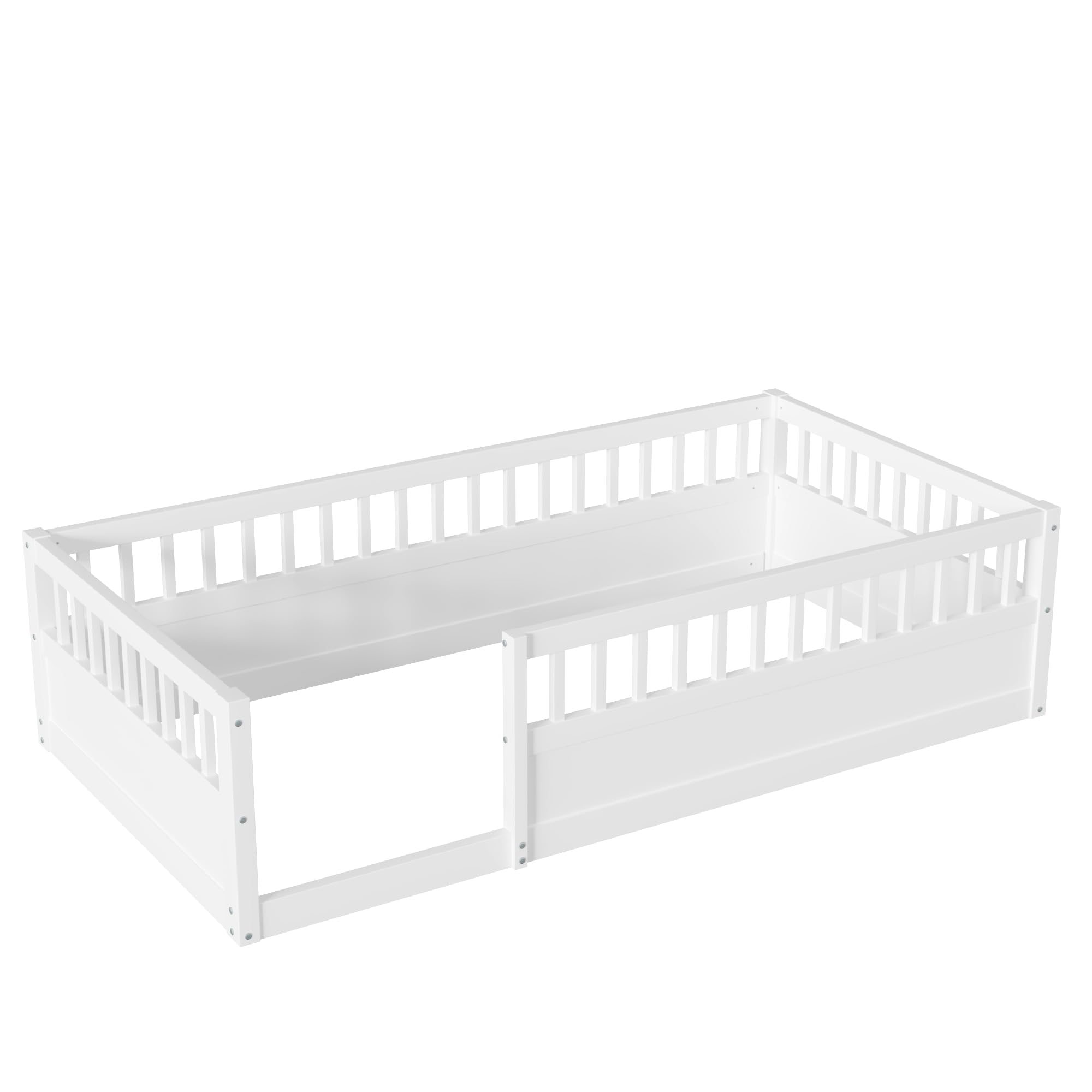 Bellemave Twin Size Montessori Floor Bed for Kids - Wooden Playhouse Bed with High Safety Railings for Baby Boys, Girls & Teens - No Slats Included (White) - Perfect for Montessori Rooms, Daycare Centers & Safe Toddler Sleep Spaces