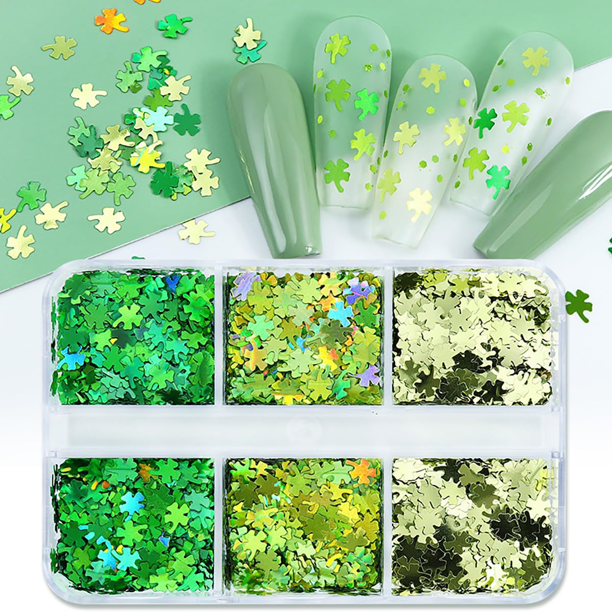 6 Grids St. Patrick's Day Nail Art Glitters - 3D Holographic Green Shamrock Nail Stickers, Irish Sequins & Sparkle Confetti Flakes for DIY Clover Nail Designs | Perfect for Women's St. Patrick's Day Party, Nail Salon Decorations & Festival Nail Art