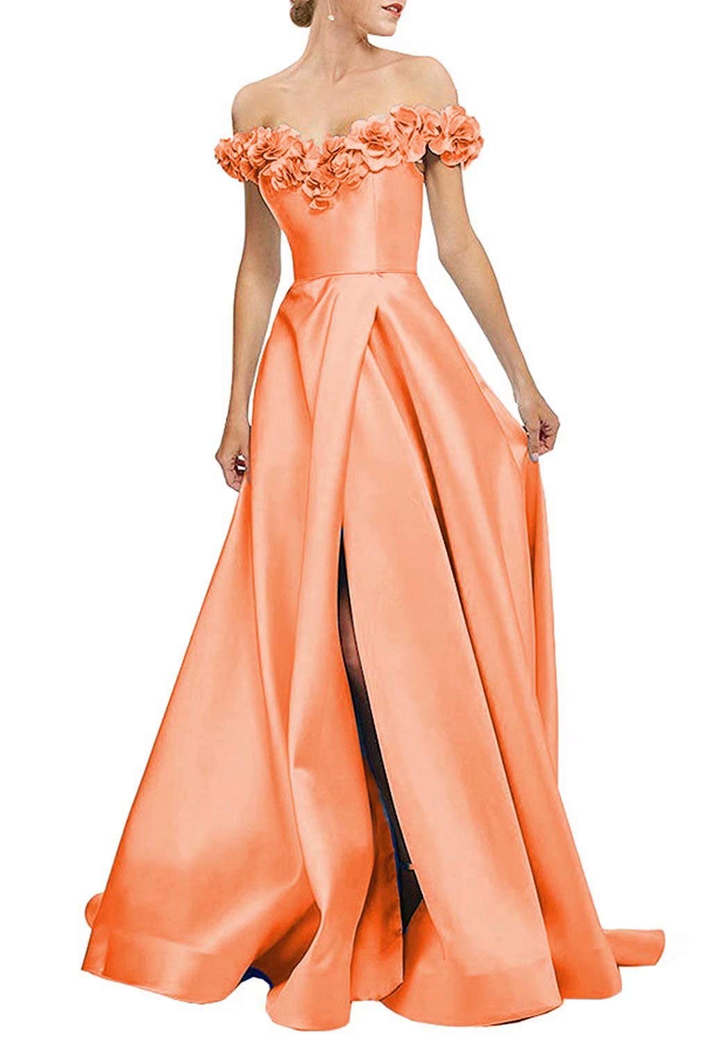 Elegant Floral A-Line Off-The-Shoulder Satin Prom Dress - Long Formal Evening Gown with High Slit in Vibrant Orange | Perfect for Homecoming, Wedding Guest & Special Occasions