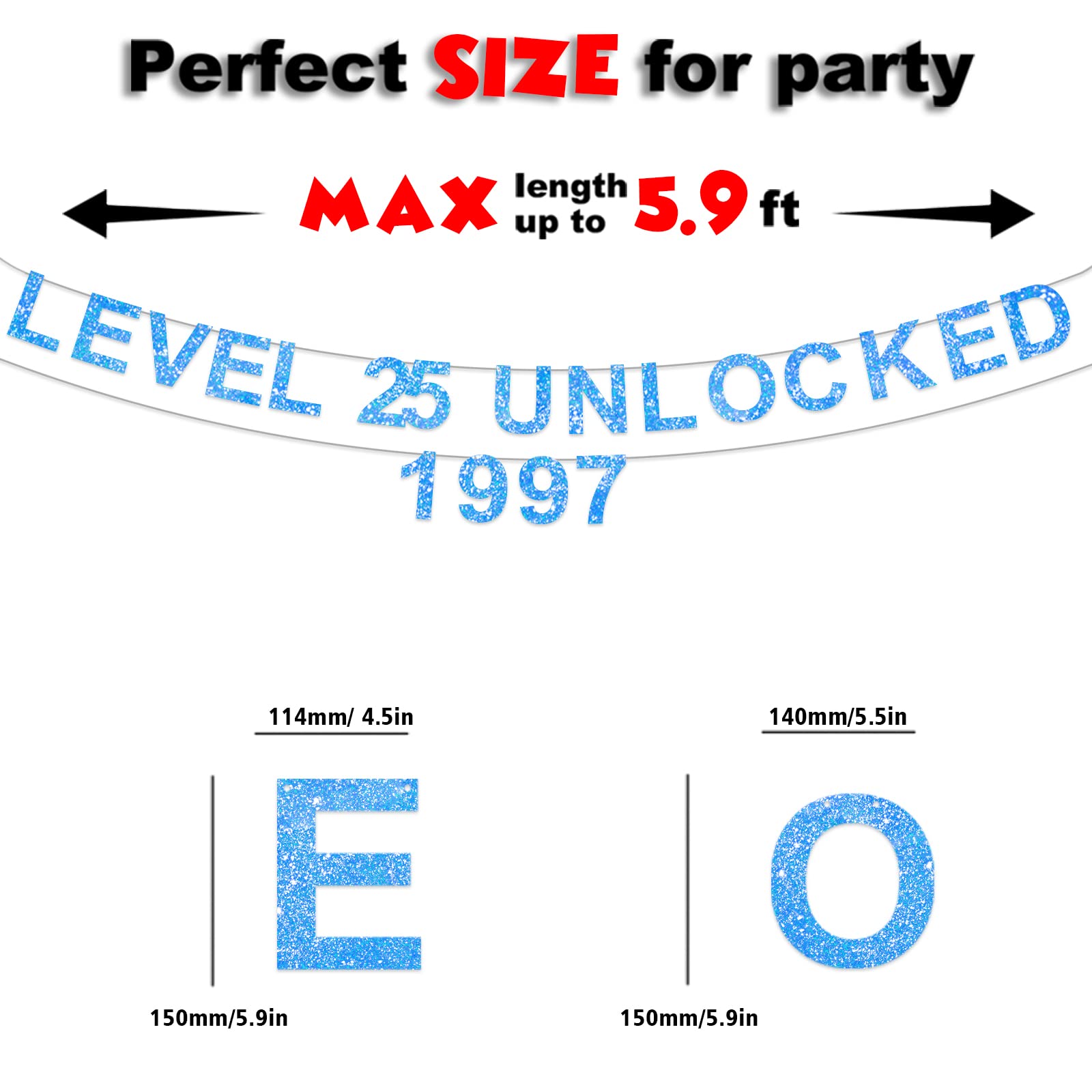Level 25 Unlocked Glitter Blue Birthday Banner - 25th Anniversary Backdrop for Video Game Themed Parties | Perfect Decor for Men & Women's 25th Birthday, Photo Booth Props & Level Up Celebration Background (1997 Retro Gaming Theme)