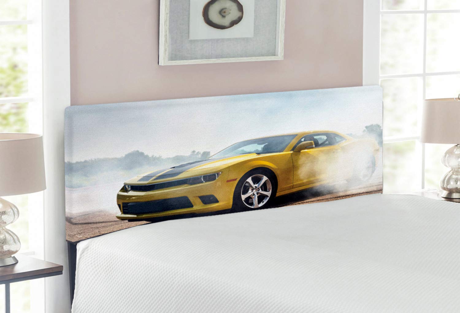 Ambesonne Racing Cars Headboard - Full Size Upholstered Metal Bed Headboard with Memory Foam | Sports Car Competition Drifting Design on Asphalt Track | Yellow Decorative Headboard for Bedroom & Teen Room Decor