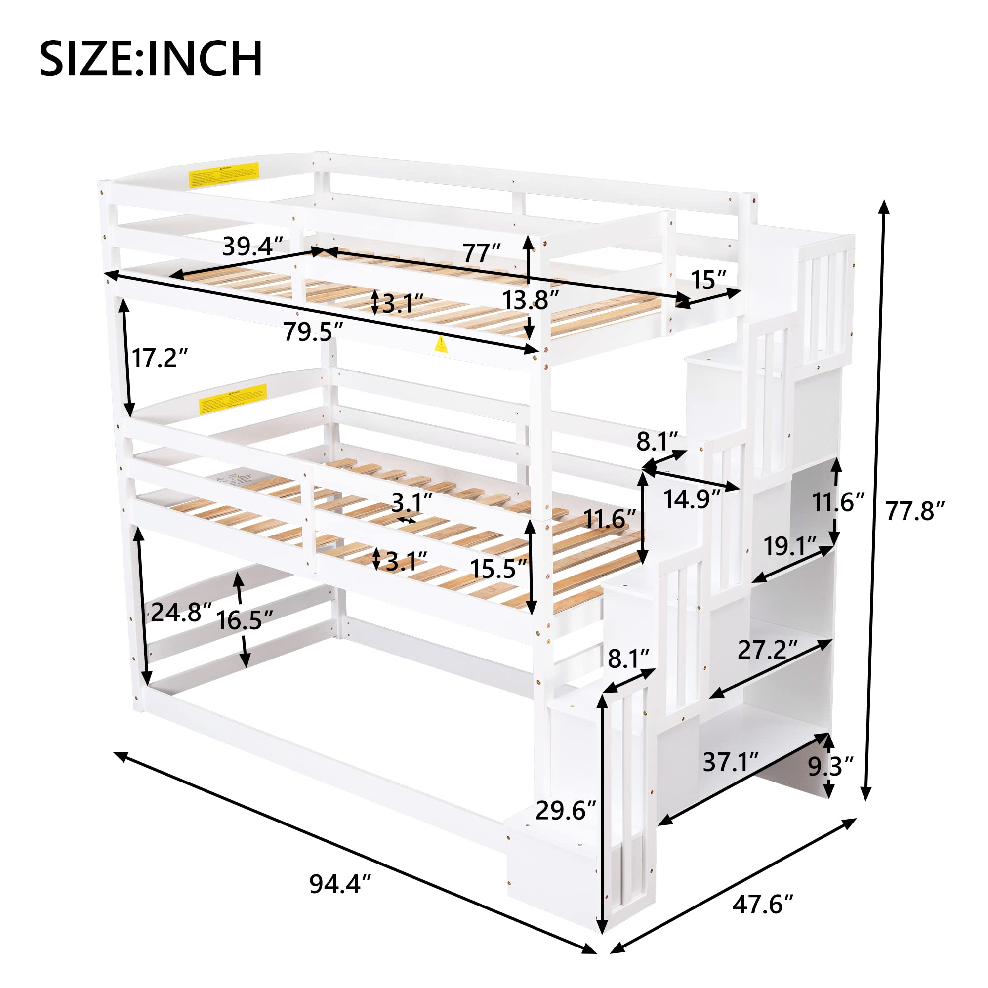 P PURLOVE Twin Over Twin Over Twin Triple Bunk Bed Frame with Storage Staircase - Convertible to Separate Bunk Beds & Platform Bed - Safety Guardrail Included - Space-Saving Kids Bedroom Furniture for Boys & Girls (White) - Perfect for Shared Rooms, Sleepovers & Small Spaces