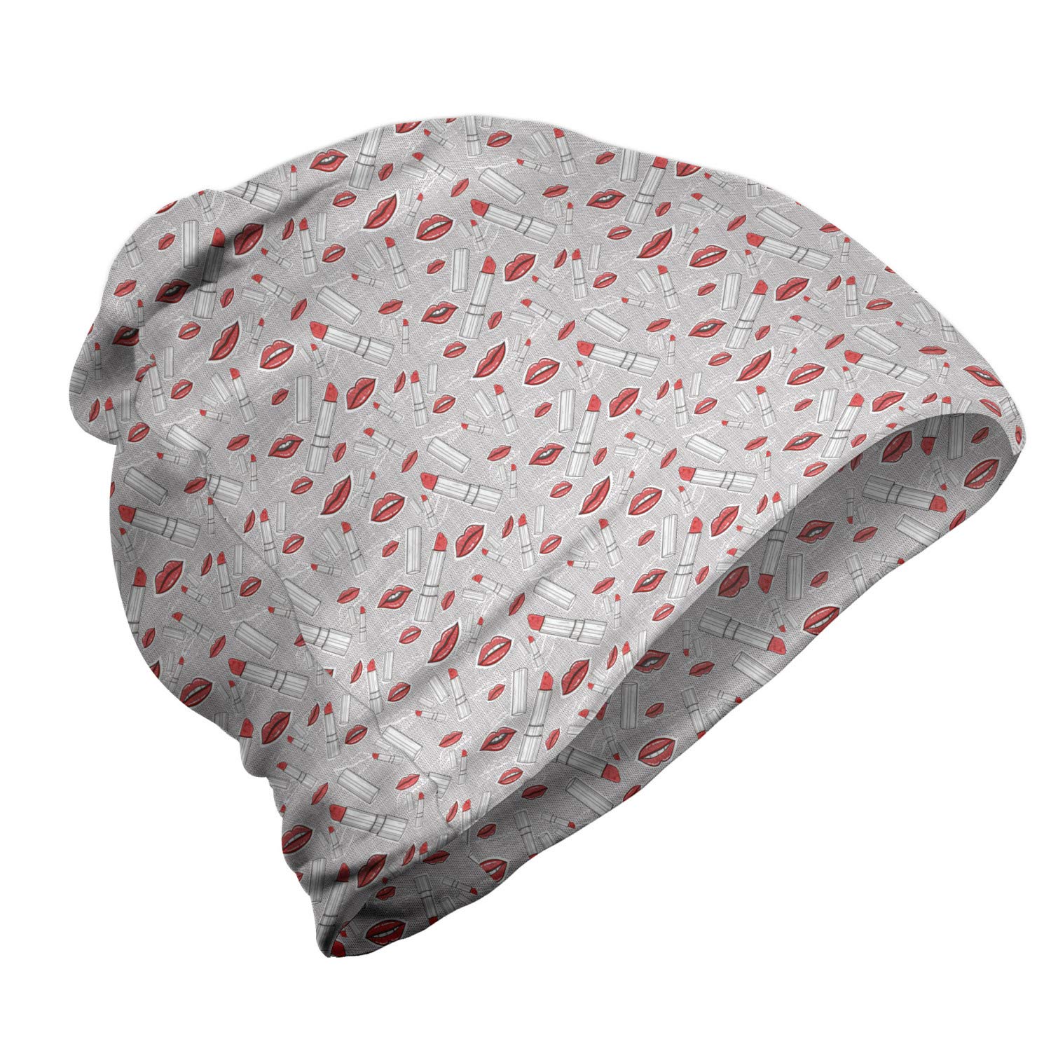 Ambesonne Unisex Beanie - Stylish Makeup Fashion Design for Men & Women - Warm Winter Hat for Hiking, Outdoor Activities - Red & Grey Knit Cap - Perfect for Cold Weather & Casual Wear