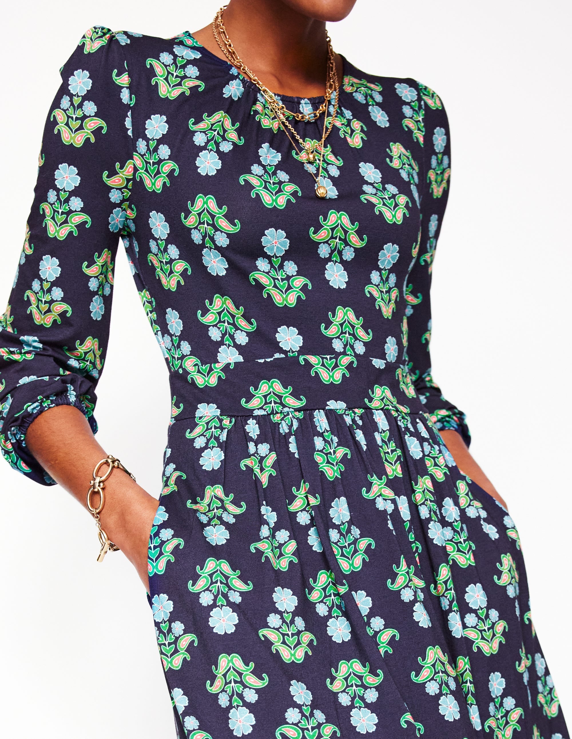 Alexandra Blouson Jersey Dress in French Navy with Pansy Print - Elegant Casual Wear for Women, Perfect for Office, Date Night & Summer Outings