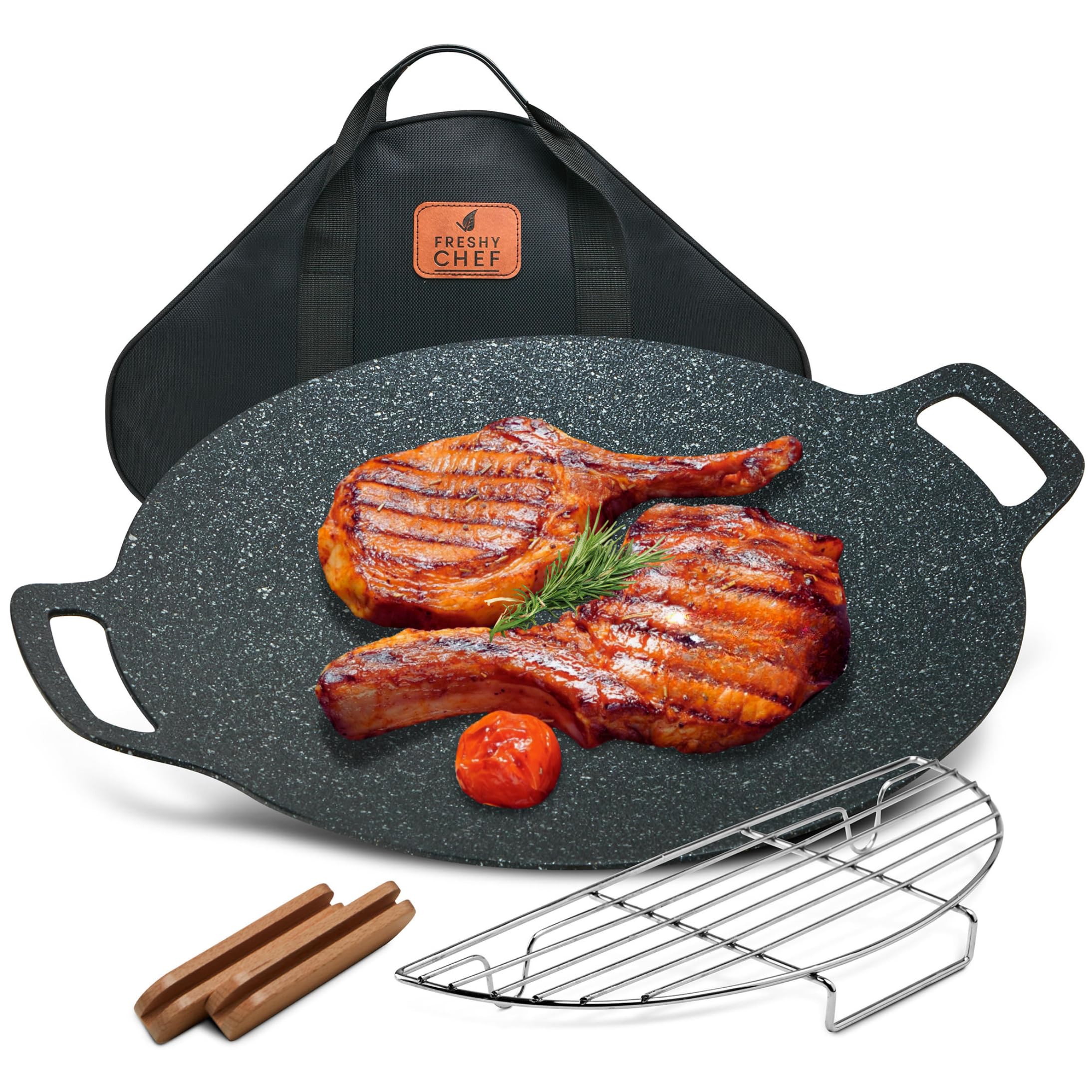 15 Inch Non-Stick Korean BBQ Grill Pan - Lightweight Aluminum Griddle for Stove Top, Induction & Campfire - Includes 2 Wooden Holders, Rack & Storage Bag - Perfect for Korean BBQ, Indoor Cooking & Outdoor Camping