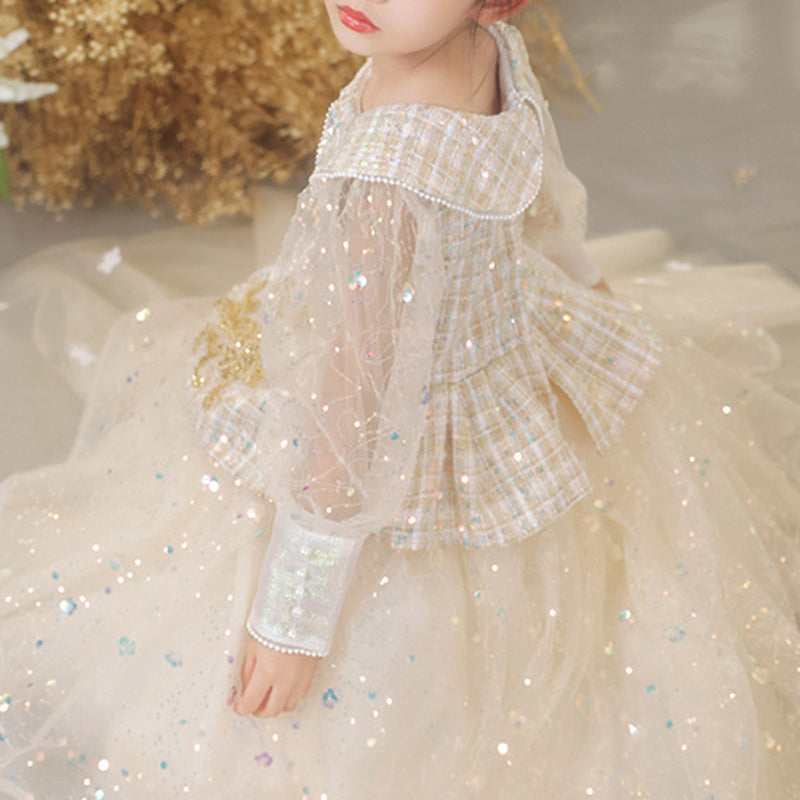 Sparkling Champagne Sequined Princess Dress with Collar & Lace Ruffles - Elegant Party Gown for Weddings, Prom, Pageants & Special Occasions