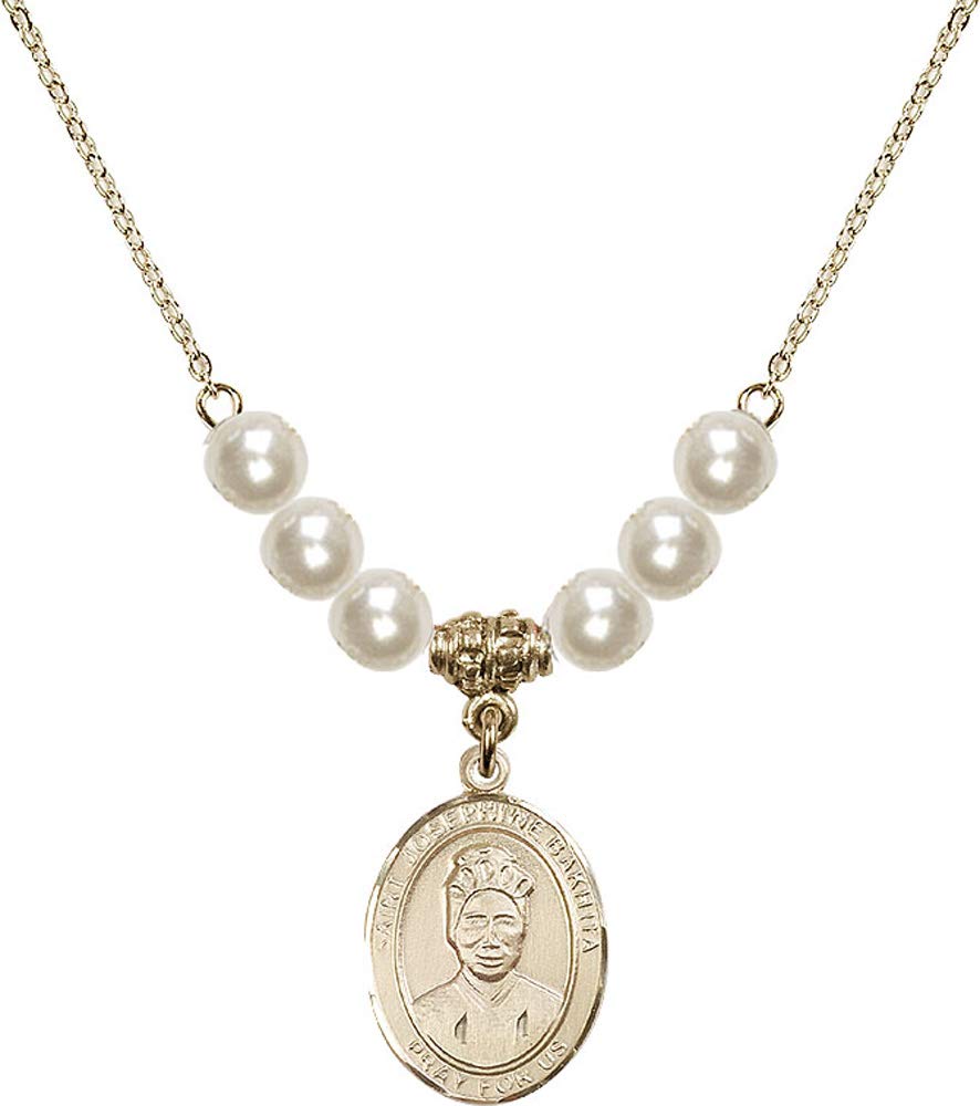 18K Gold Plated 18-Inch Necklace with 6mm Faux Pearl Beads & St. Josephine Bakhita Charm - Patron Saint of Sudan Jewelry for Women, Gift for Baptism, First Communion & Religious Occasions