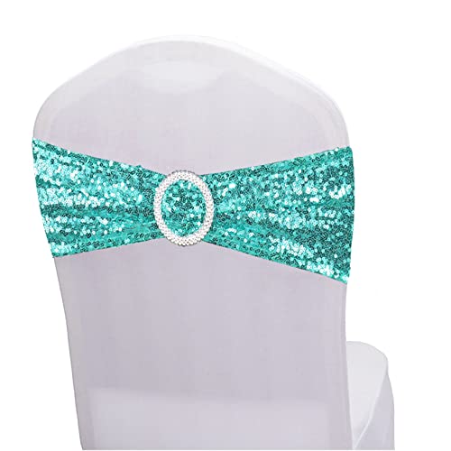 12 Pack Sequin Chair Sashes - Stretchy Spandex Chair Bands with Buckles for Wedding, Banquet, Birthday, Graduation Party Decorations - Elegant Chair Decor for Anniversary, Prom & Celebrations (Aqua) - Perfect for Indoor & Outdoor Event Decor