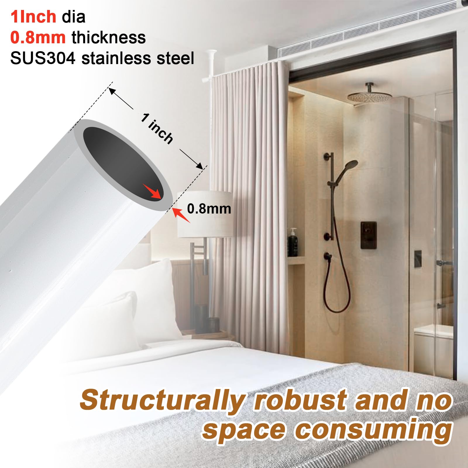 No Drill Tension Curtain Rod Stand - Adjustable 28-96 Inch Width & 4-9ft Height Heavy Duty Metal Room Divider for Windows, Partitions & Room Separation (White) - Perfect for Home Office, Studio Apartments & Temporary Spaces