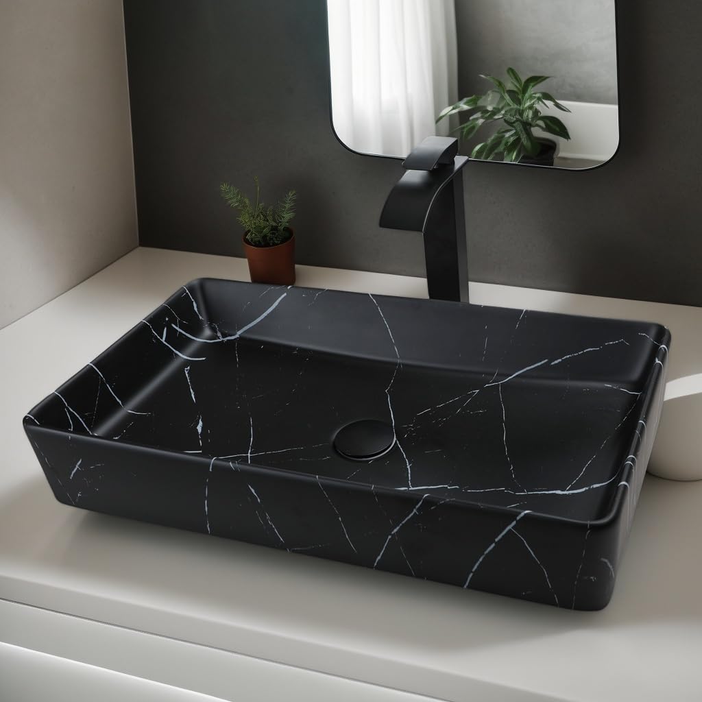 24 Inch Black Ceramic Vessel Sink with Faucet and Drain Combo - Rectangle Marble Bathroom Sink, Above Counter Porcelain Lavatory Bowl for Modern Bathroom Vanities and Powder Rooms