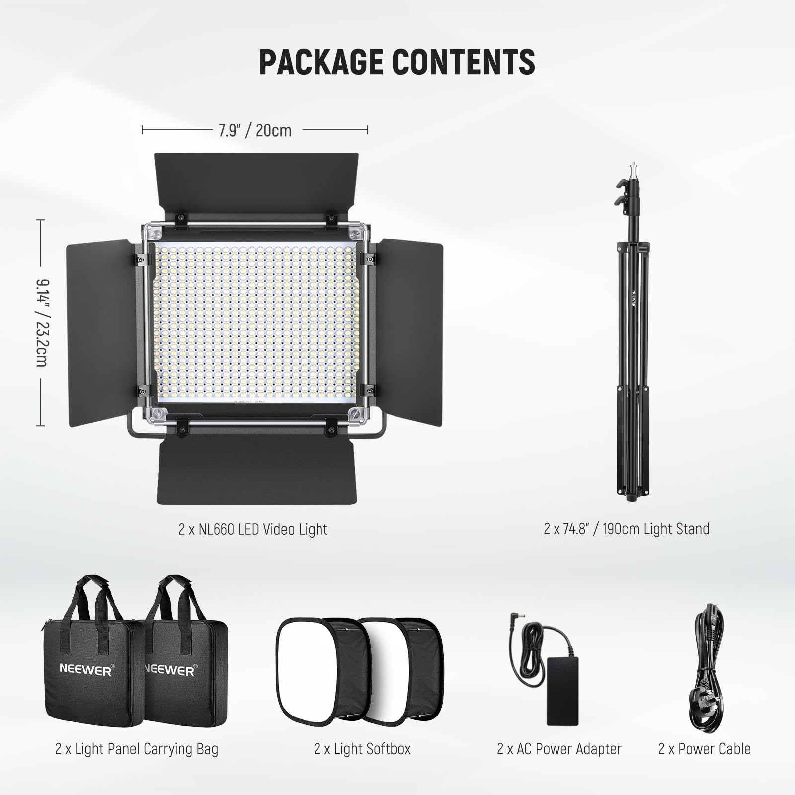 NEEWER 2 Pack Bi-color 660 LED Video Light Kit with Stands - (2) 3200-5600K CRI 96+ Dimmable Photography Lights, U Bracket, Barndoors, Softbox Diffusers & 75
