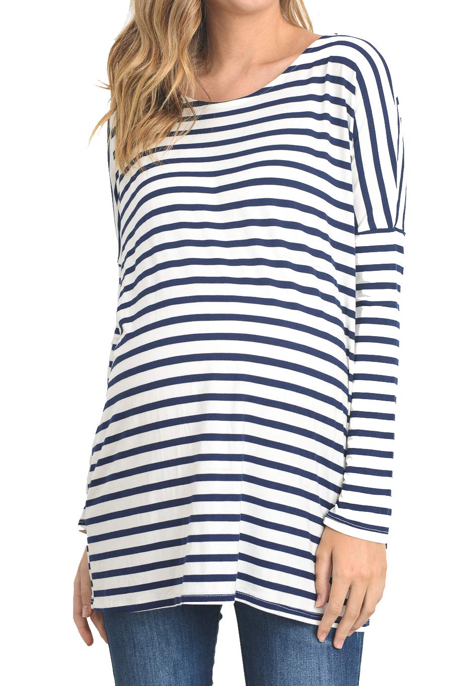 HELLO MIZ Women's Striped Drop Shoulder Long Sleeve Maternity Tunic Top - Comfortable Pregnancy Blouse for Casual Wear & Nursing