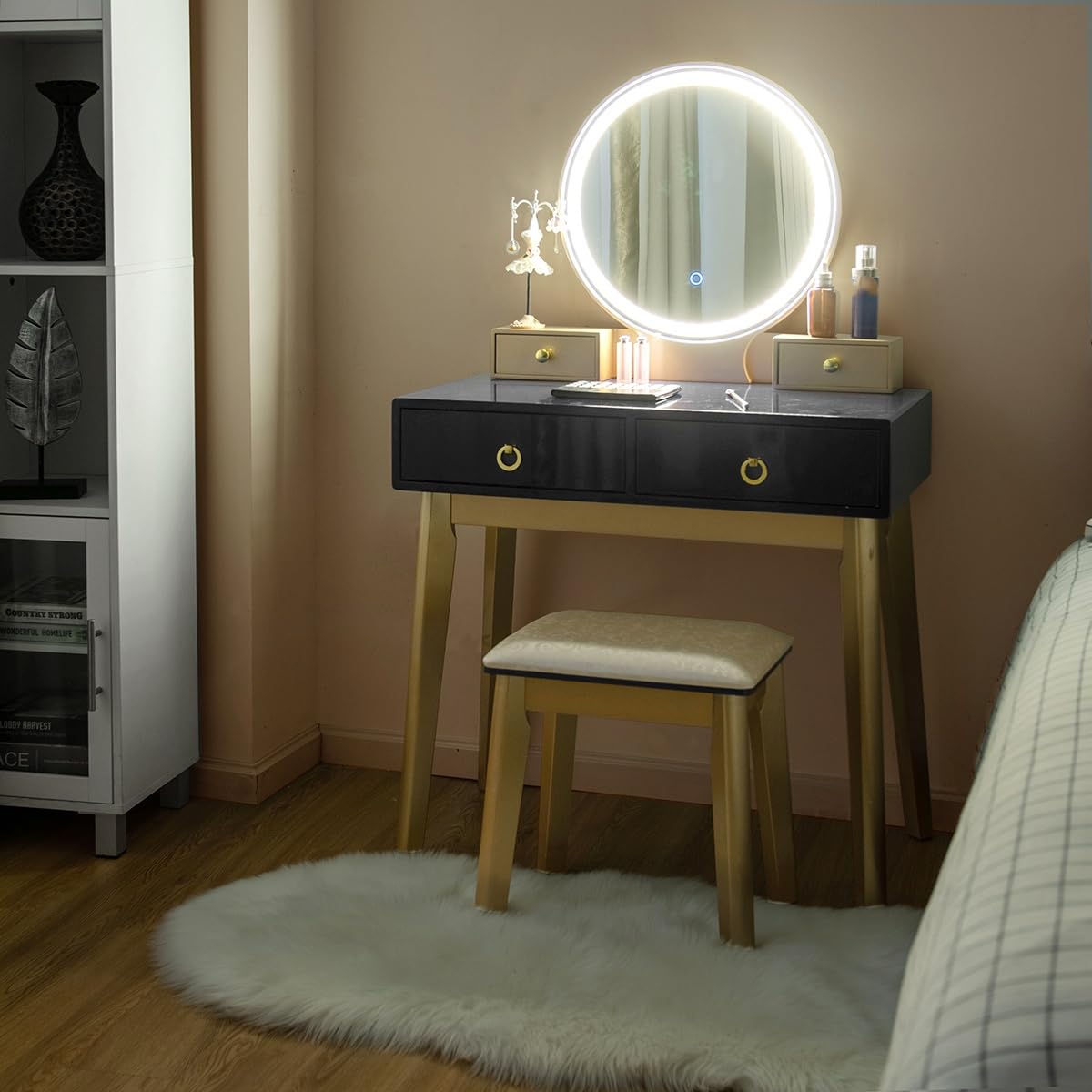 CHARMAID Black Makeup Vanity Desk with Lighted Mirror & Stool - 4 Drawers, 3 Lighting Modes for Small Bedroom Dressing
