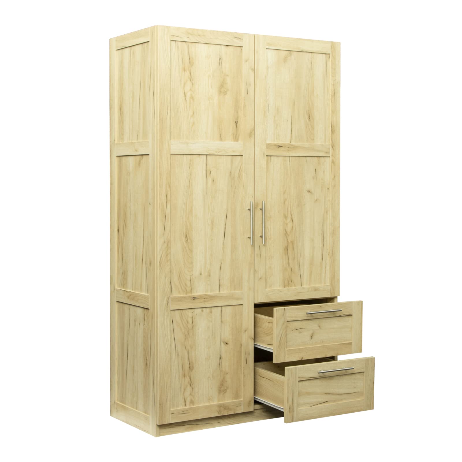 Double Door Wardrobe Closet - Solid Wood Tall Cabinet with 2 Drawers & 5 Storage Shelves, Freestanding Armoire with Hanging Rod - Bedroom Clothes Storage Organizer (Oak Finish) - Perfect for Master Bedroom, Guest Room or Walk-in Closet Organization
