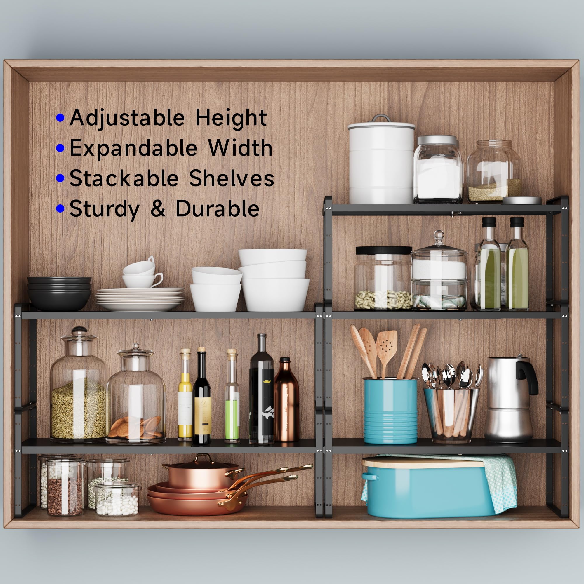 Expandable Cabinet Shelf Organizer - Stackable Kitchen Pantry Storage Rack, Adjustable Closet & Cupboard Stand with 80LBS Capacity - Perfect for Spice Organization & Small Space Storage (Black, 1 Pack) - Ideal for Kitchen Counter, Pantry Shelving & Bathroom Organization