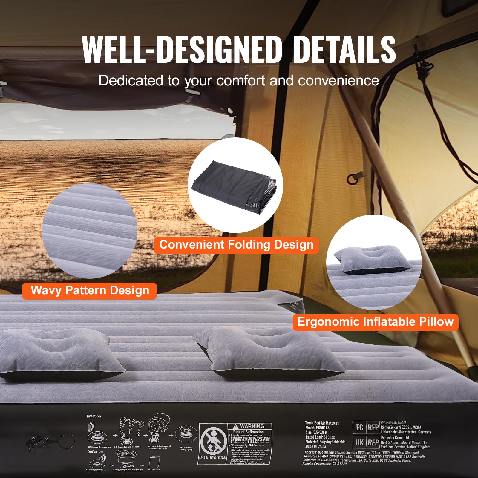 VEVOR Truck Bed Air Mattress for 5.5-5.8 ft Short Truck Beds - Inflatable Camping Mattress with 12V Air Pump, 2 Pillows & Carry Bag | Fits Silverado, RAM, F150, Sierra, Titan, Tundra | Perfect for Road Trips, Camping & Outdoor Adventures