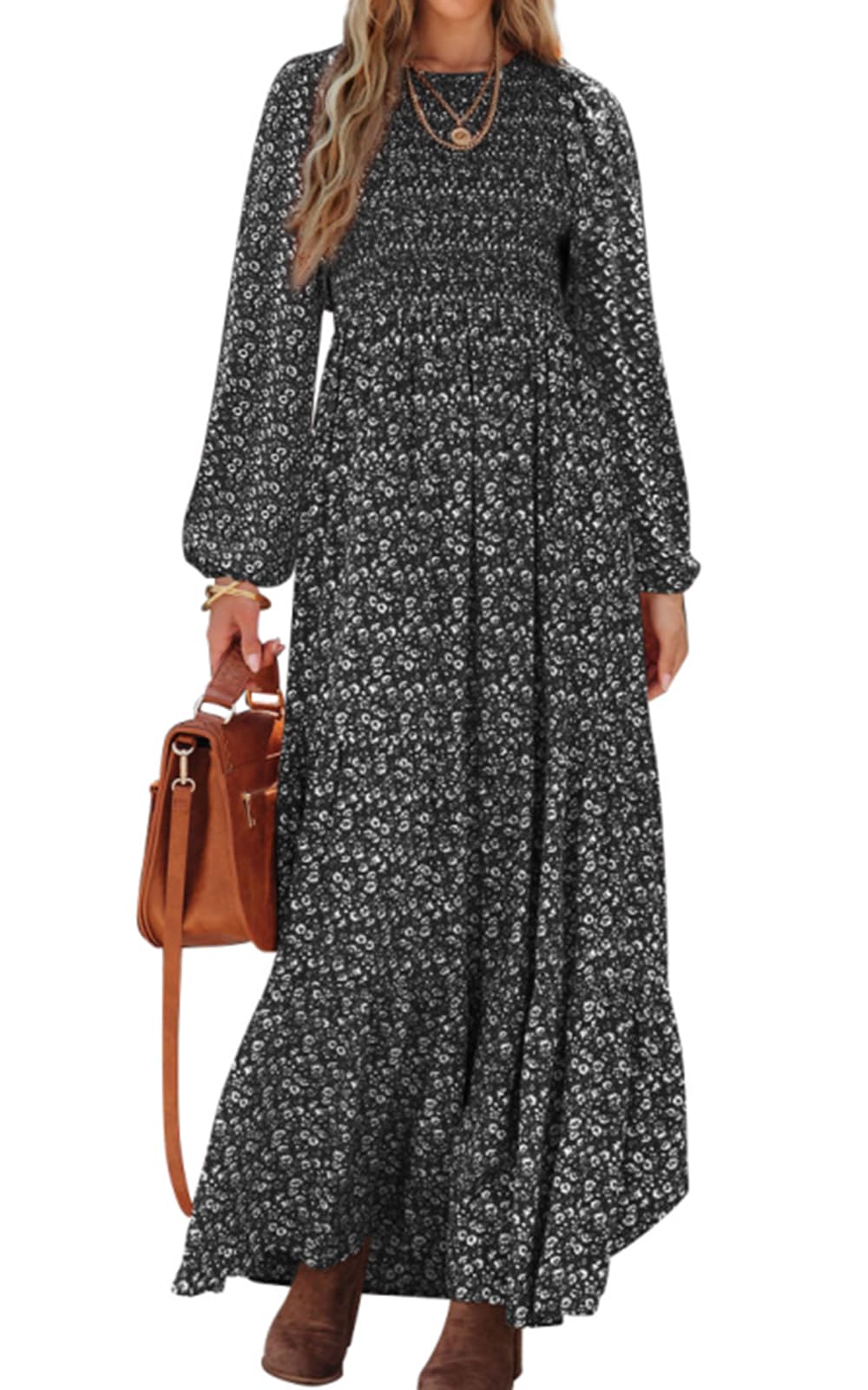 PRETTYGARDEN Women's Floral Maxi Dress Long Sleeve Smocked Tiered Spring Summer Casual Dress Crew Neck Flowy Midi Dress for Beach Vacation, Date Night & Outdoor Party