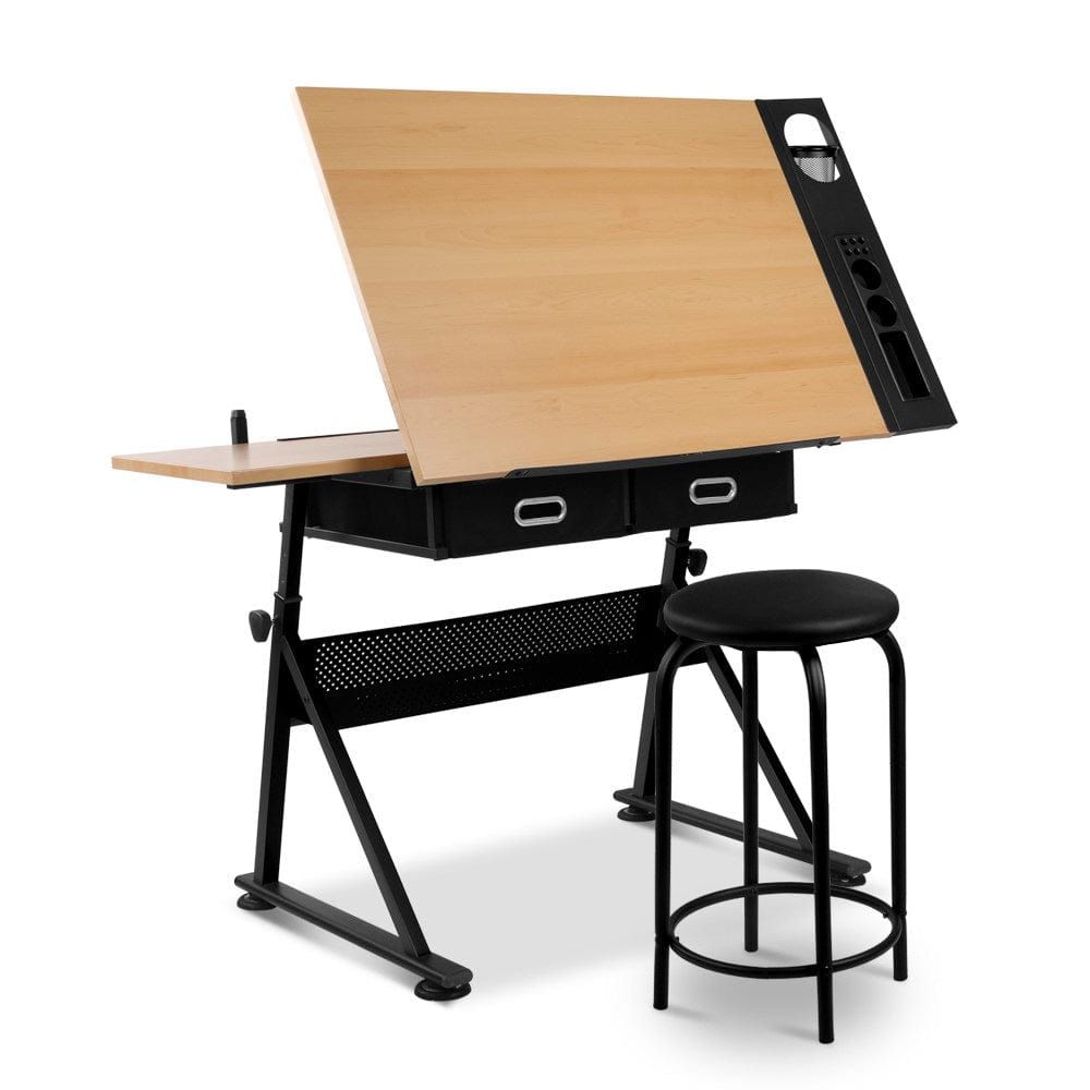 Adjustable Tilt Drafting Table Stool Set - Natural Wood & Black Metal - Perfect for Artists, Architects & Designers - Home Office & Studio Furniture