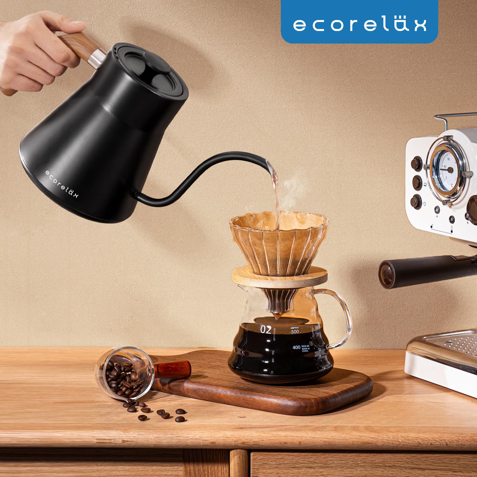 ECORELAX Gooseneck Electric Kettle with Precise ±1℉ Temperature Control - 1200W Fast Heating Stainless Steel Pour Over Kettle for Coffee, Tea & Hot Water - 1L Capacity with Keep Warm Function & OLED Display (Black) - Perfect for Home, Office & Specialty Brewing