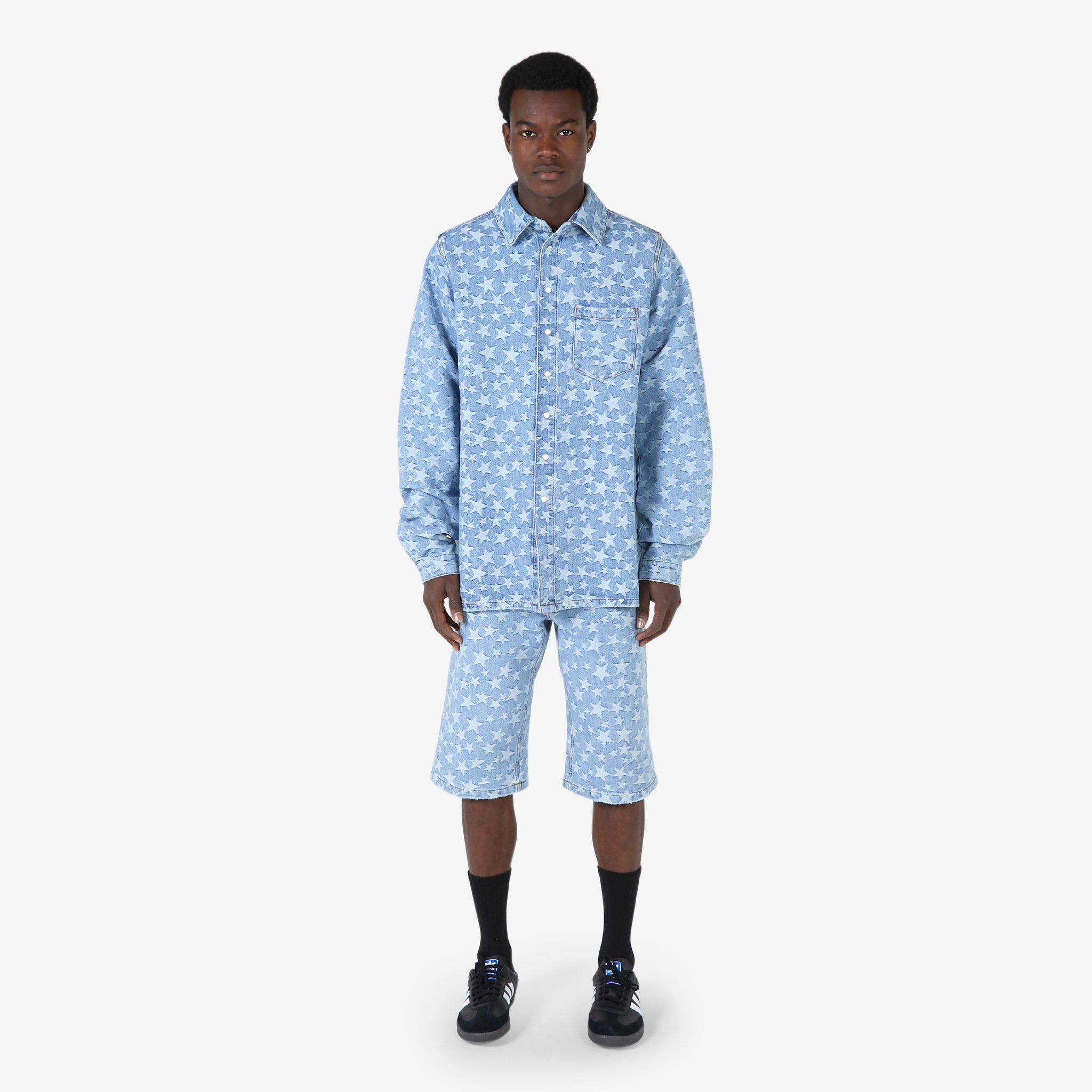Light Blue Denim Jacquard Overshirt for Men - Stylish Casual Layering Shirt for Spring & Fall Outfits | Perfect for Work, Date Night & Weekend Wear