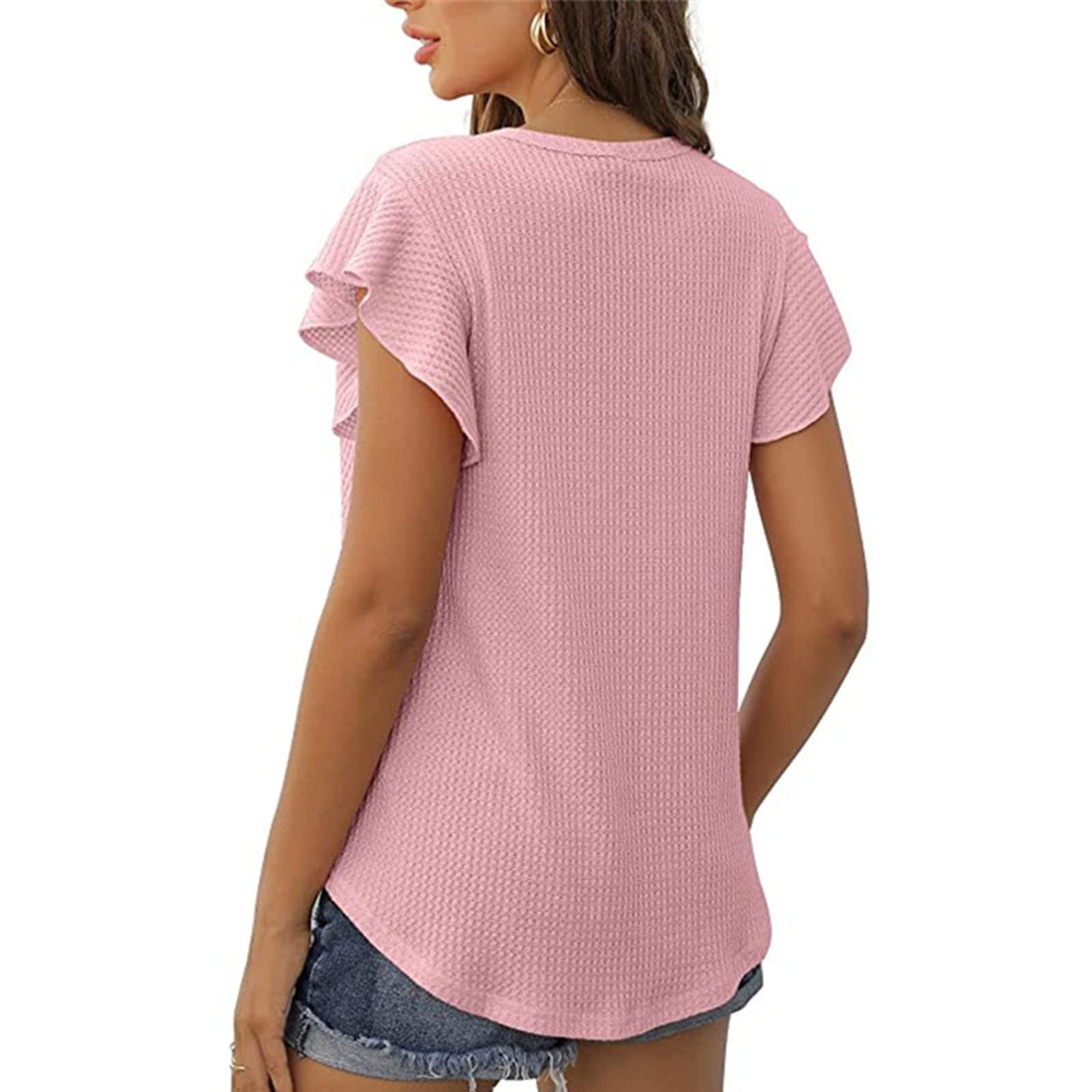Women's Summer Trendy T-Shirt - Cute Ruffle Cap Sleeve Loose Fit Tunic Top | Casual Waffle Knit Blouse | Perfect for Beach Outings, Brunch Dates & Everyday Wear