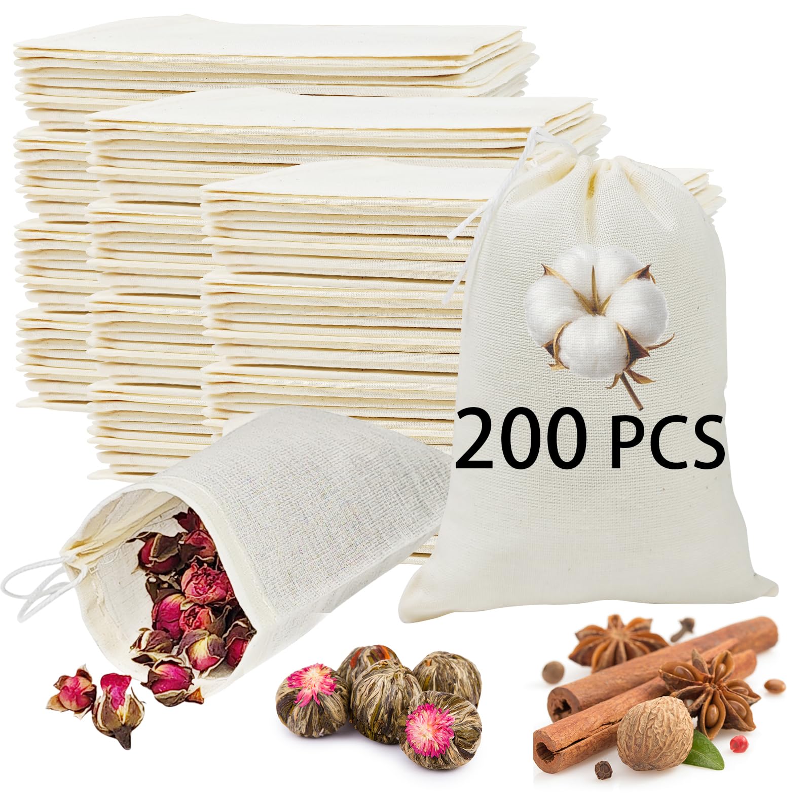 200PCS 3x4 Inch Small Muslin Bags with Drawstrings - Reusable Spice Bags for Cooking, Herb Storage, Tea Infusers & Potpourri Sachets - Perfect for Kitchen, DIY Crafts & Gift Packaging