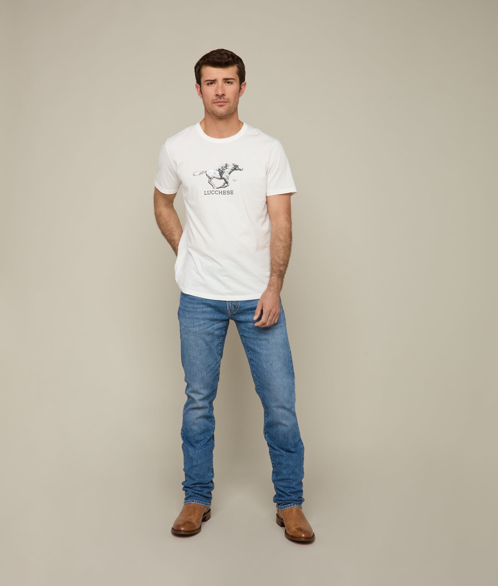 Lucchese Racehorse T-Shirt for Men - Premium White Cotton Tee - Comfortable Casual Wear for Horse Racing, Rodeo & Western Events