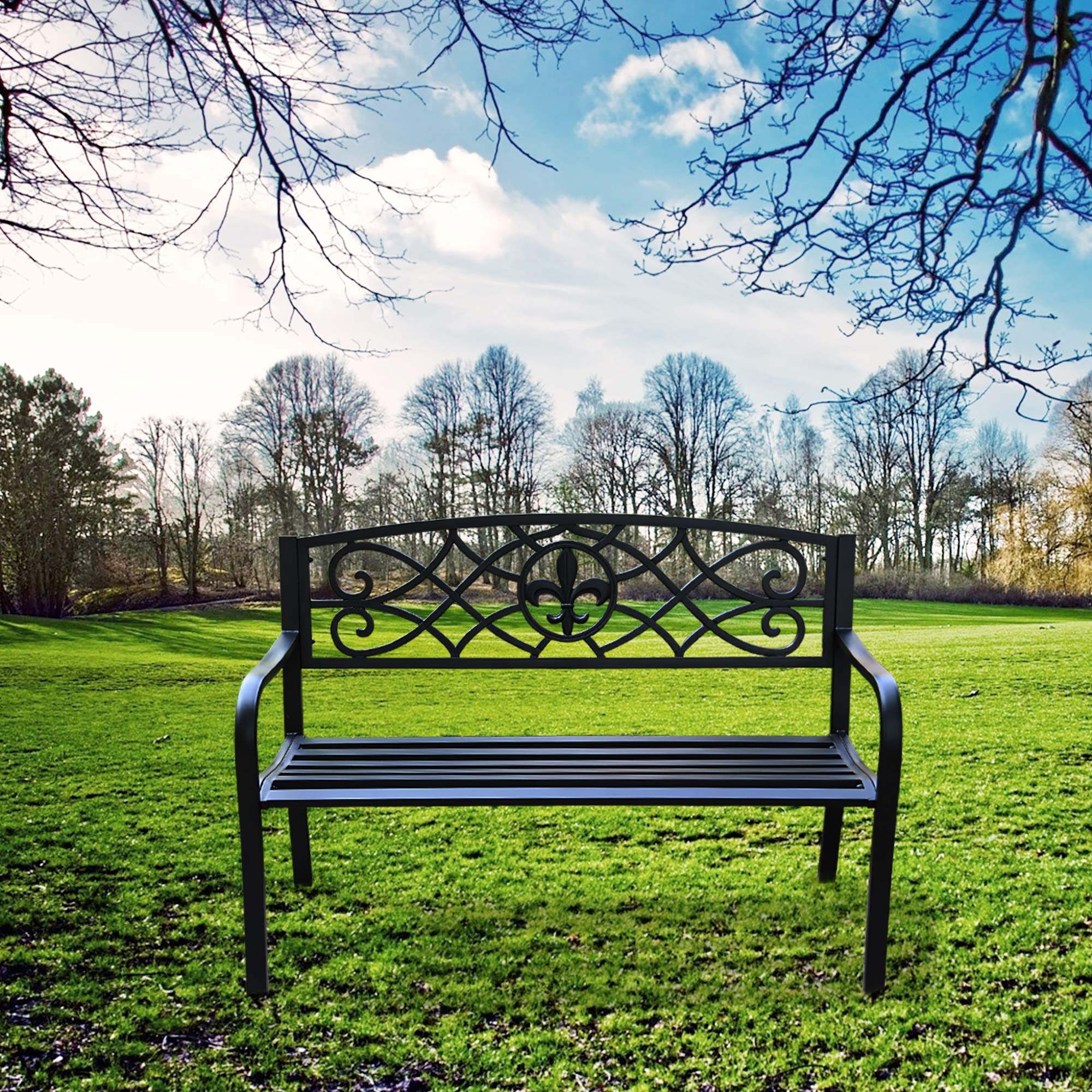 4.1 Ft Steel Frame Garden Bench - Outdoor Patio Chair for Yard, Park & Backyard - 2-Person Loveseat with Shuttlecock Design Backrest & Slatted Seat - Durable Outdoor Furniture for Gardens, Decks, Porches & Poolside Areas