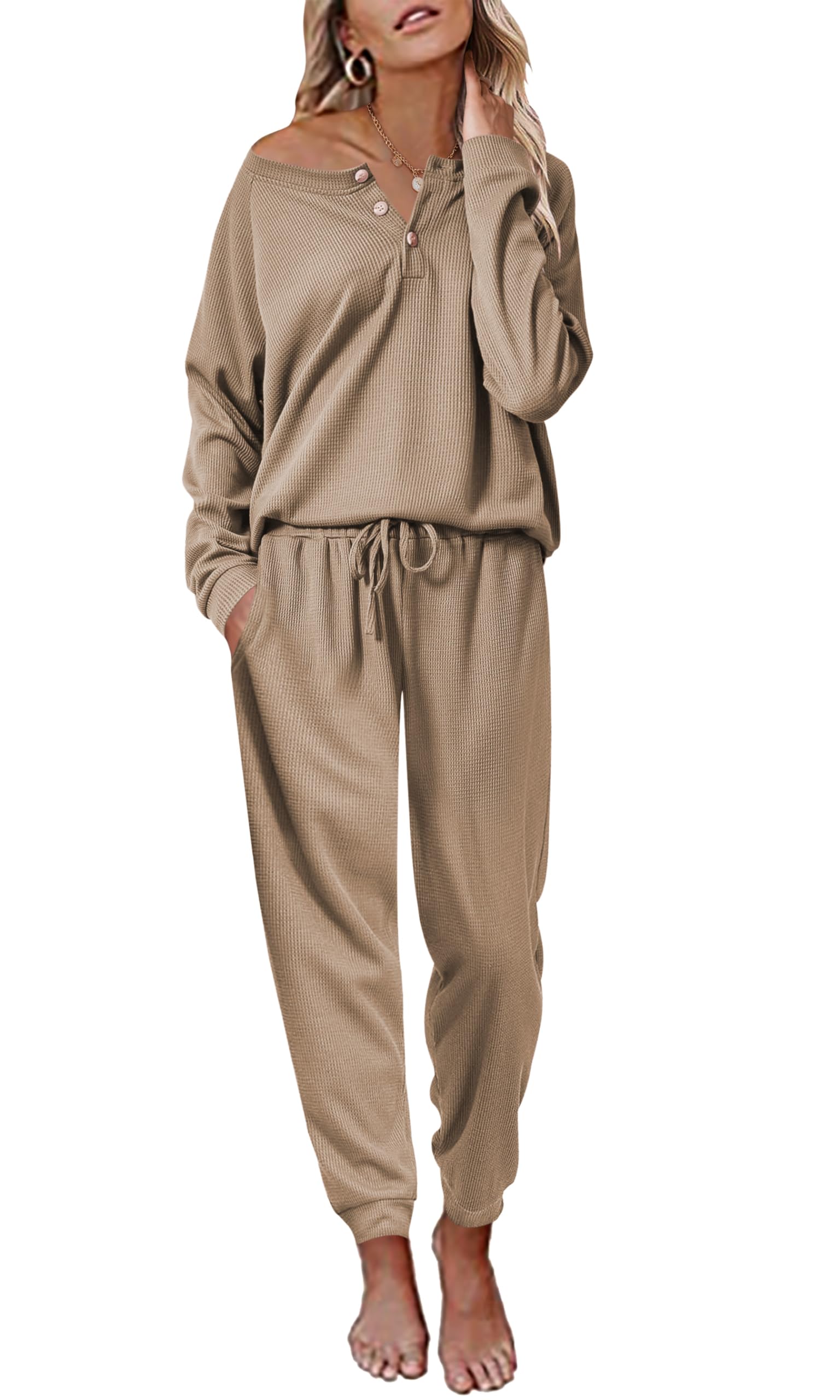 Ekouaer Women's Waffle Knit Pajama Set - Long Sleeve Sleepwear Top & Pants, Soft Casual Loungewear (S-XXL) | Cozy Winter Nightwear for Home Relaxation & Sleep