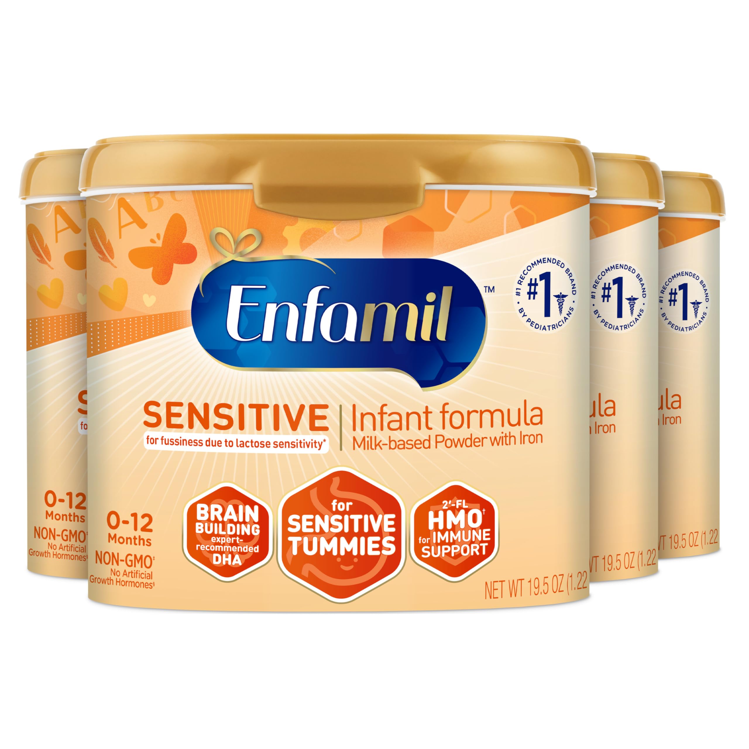 Enfamil NeuroPro Sensitive Infant Formula with DHA, Iron & Prebiotics - Lactose Sensitive Baby Milk Powder for Brain & Immune Development - 19.5oz (4 Pack) - Ideal for Breastfed Babies with Sensitive Tummies
