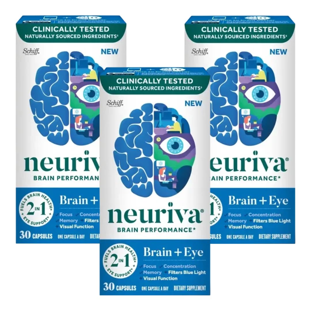 NEURIVA Brain & Eye Supplement for Memory, Focus & Concentration - Clinically Proven Lutein & Zeaxanthin with Vitamins A, C, E + Zinc - Supports Eye Health & Blue Light Protection - 30 Capsules (3 Pack) - Ideal for Students, Professionals & Gamers