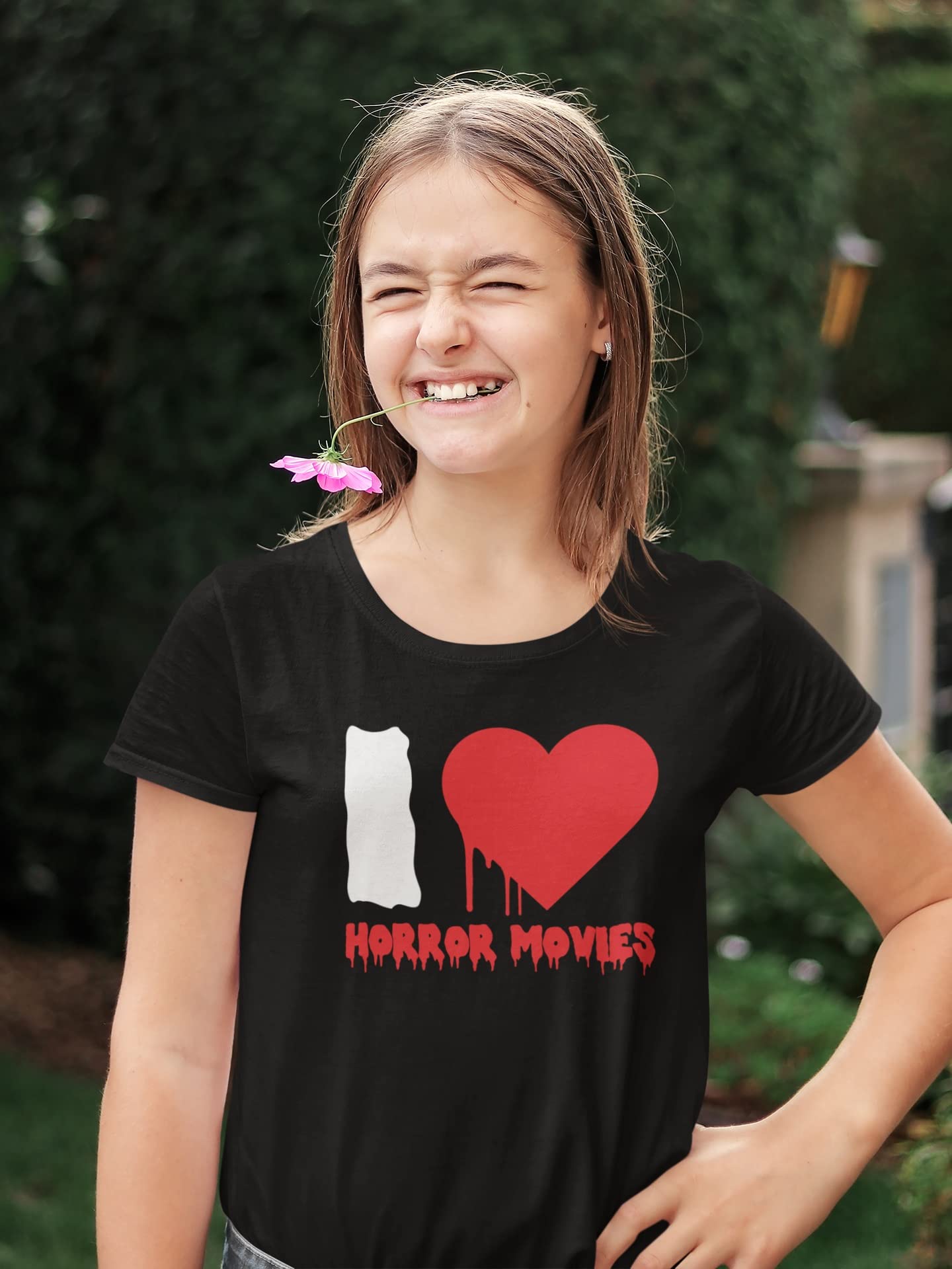 Old Glory Halloween I Heart Horror Movies Juniors Soft T-Shirt | Horror Fan Apparel | Perfect for Halloween Parties & Movie Nights