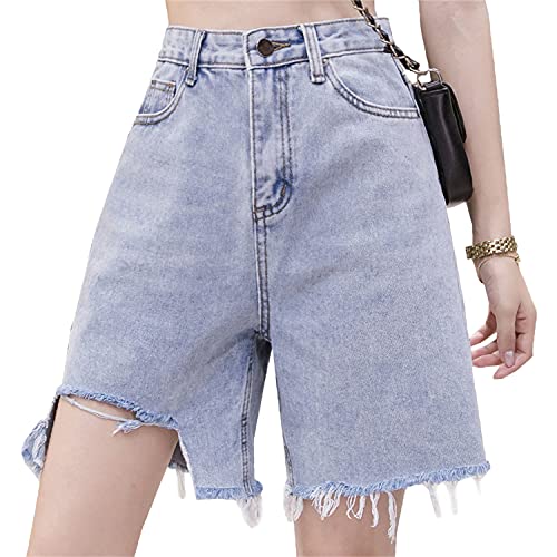 Women's High Waist Distressed Denim Bermuda Shorts - Frayed Hem Knee Length Casual Jean Shorts for Summer (Blue, XX-Large) | Perfect for Beach Outings, Weekend Brunch & Casual Street Style